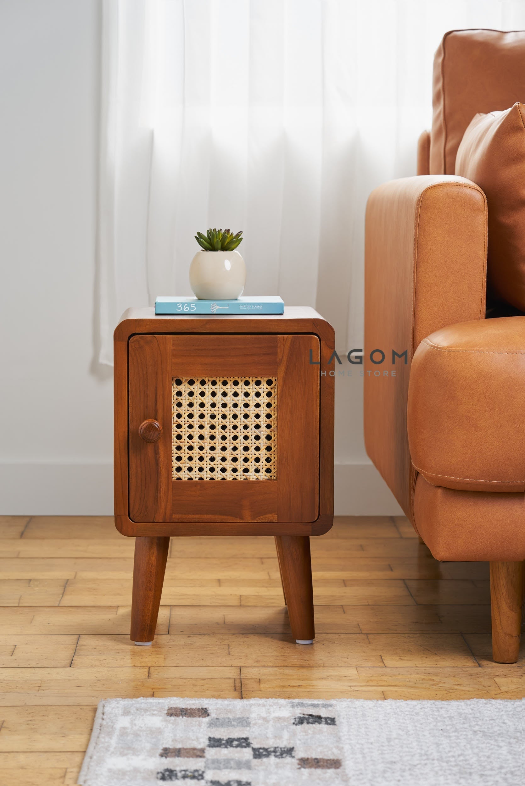 Meja Samping Kayu Jati dengan Pintu Rotan Side Table Lagom Home Store Jati Furnitur Teak Furniture Jakarta