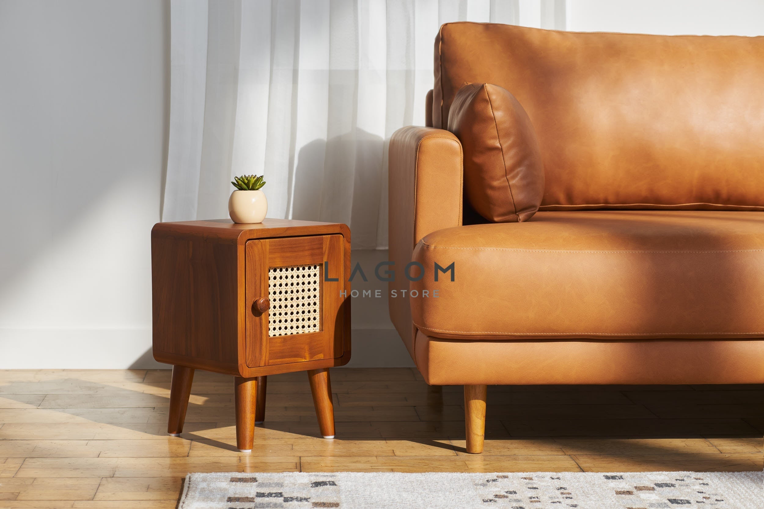 Meja Samping Kayu Jati dengan Pintu Rotan Side Table Lagom Home Store Jati Furnitur Teak Furniture Jakarta