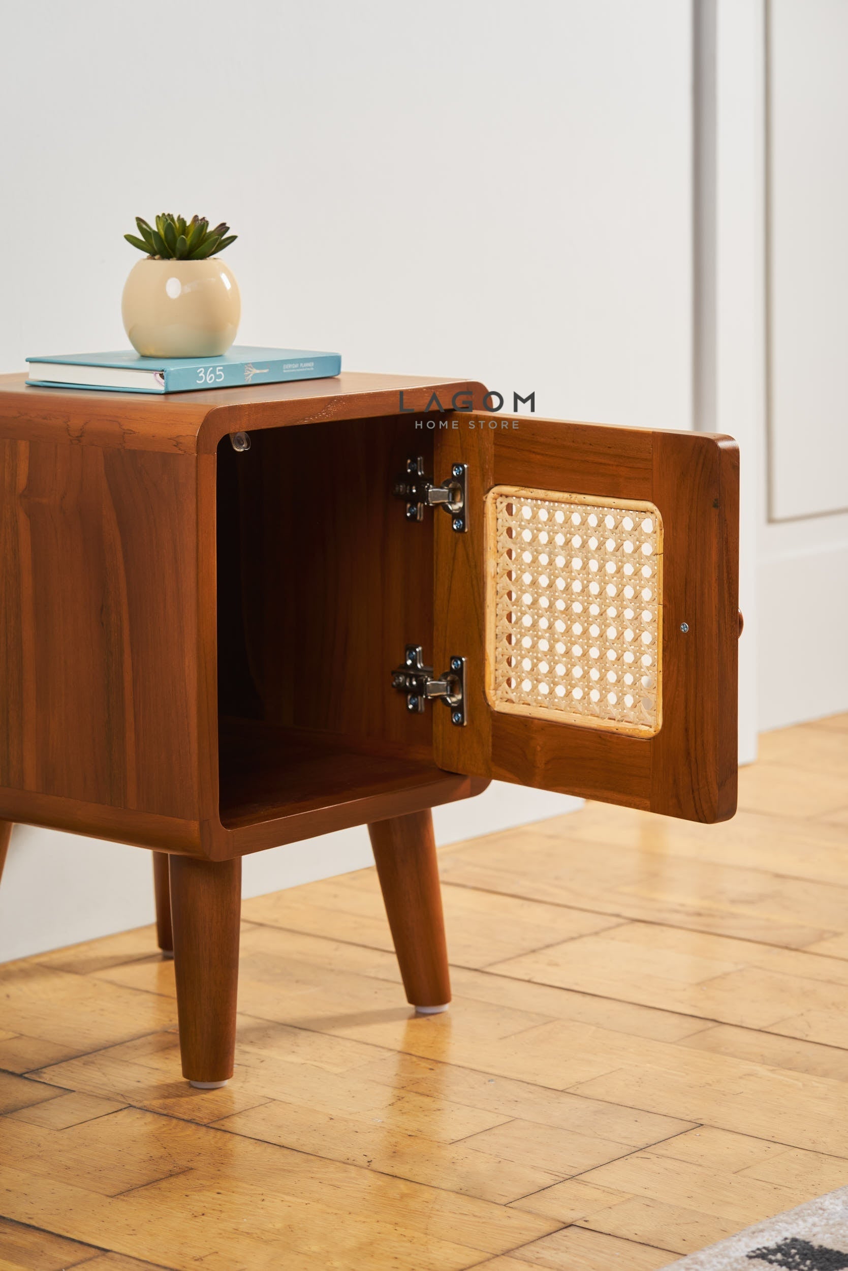 Meja Samping Kayu Jati dengan Pintu Rotan Side Table Lagom Home Store Jati Furnitur Teak Furniture Jakarta