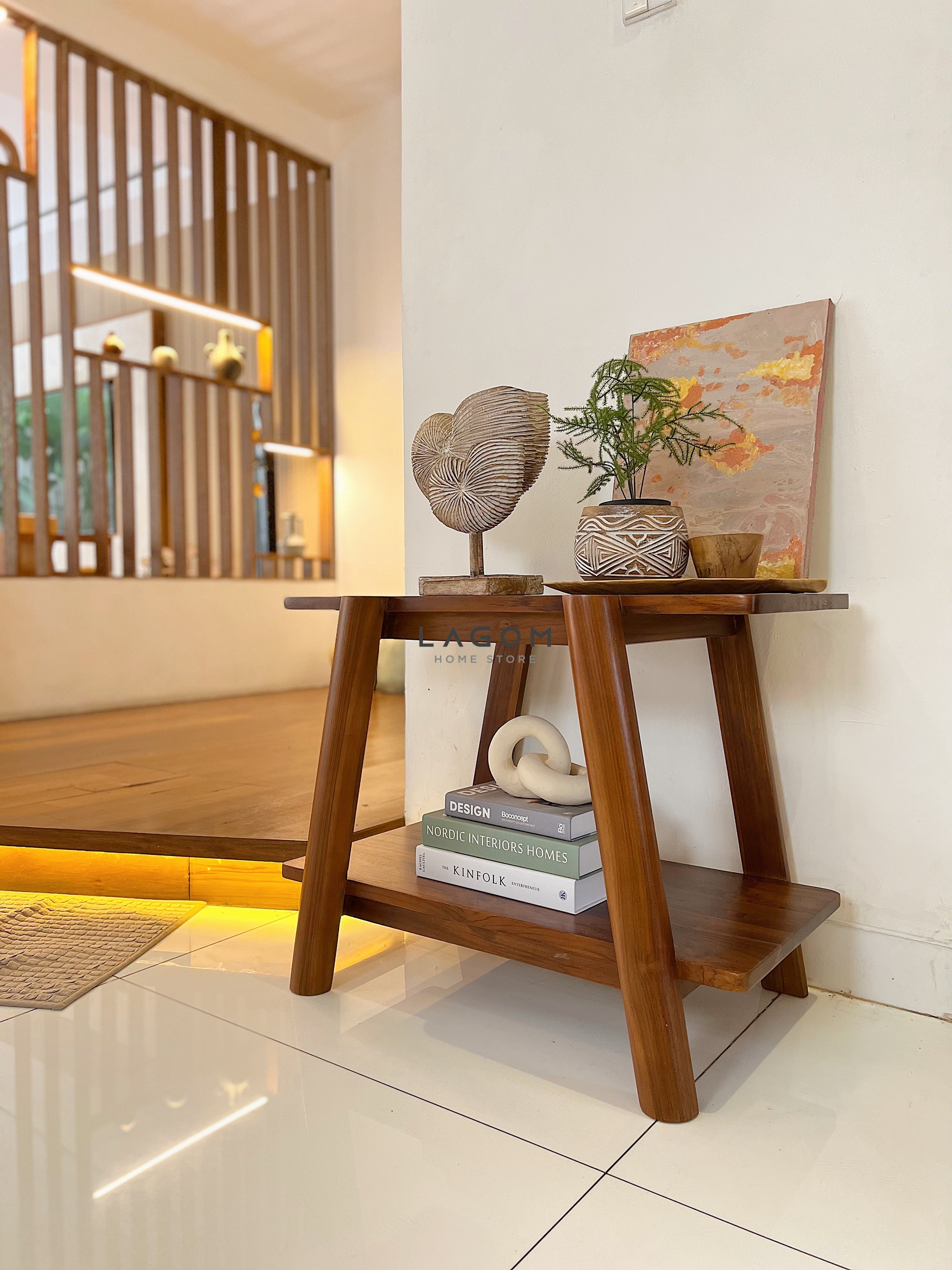 Meja Samping Meja Konsol dengan 2 Ambalan dari Kayu Jati Side Table Lagom Home Store Jati Furnitur Teak Furniture Jakarta