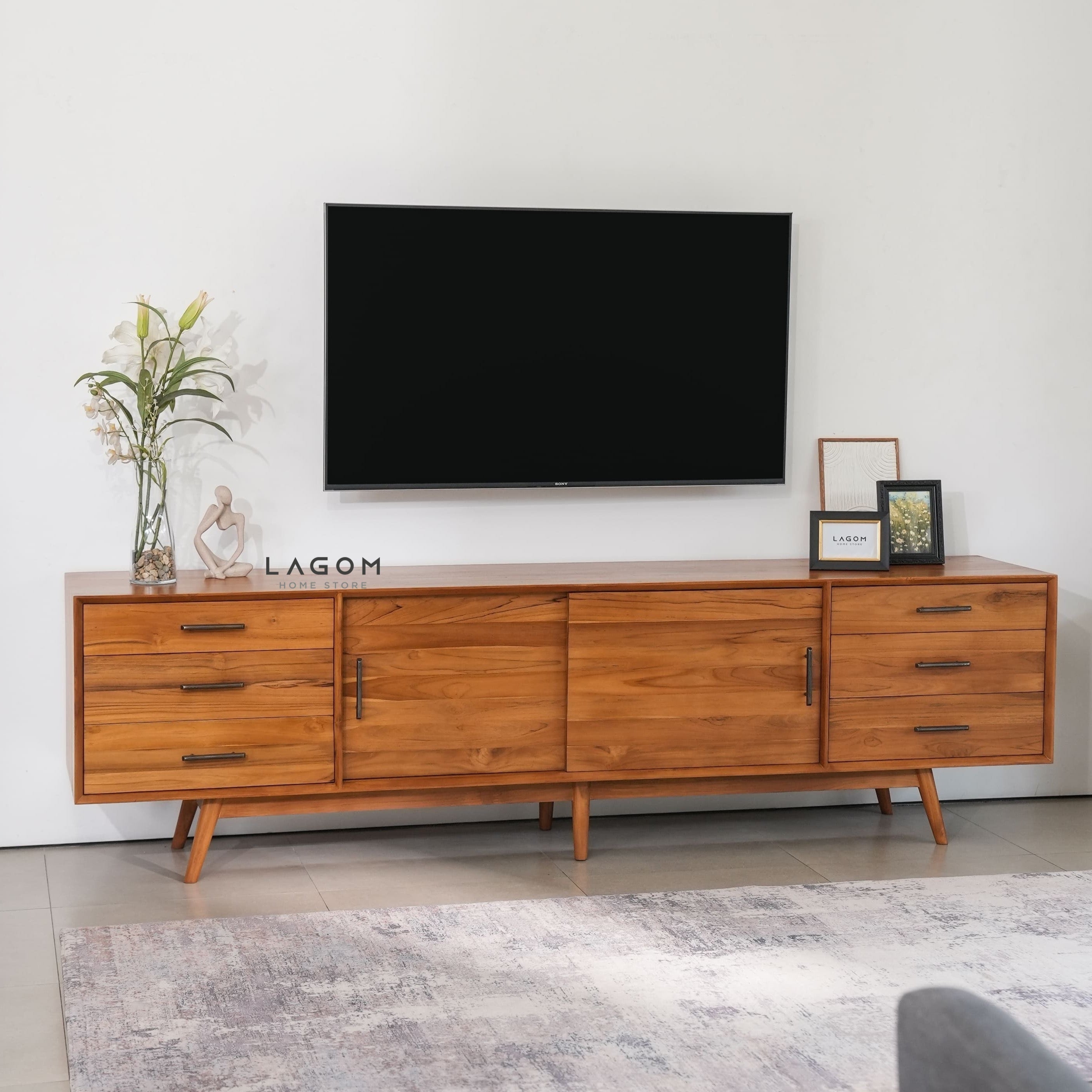 Meja TV Minimalis Kayu Jati dengan Pintu Geser dan Laci - Panjang 244 cm TV Cabinet Lagom Home Store Jati Furnitur Teak Furniture Jakarta