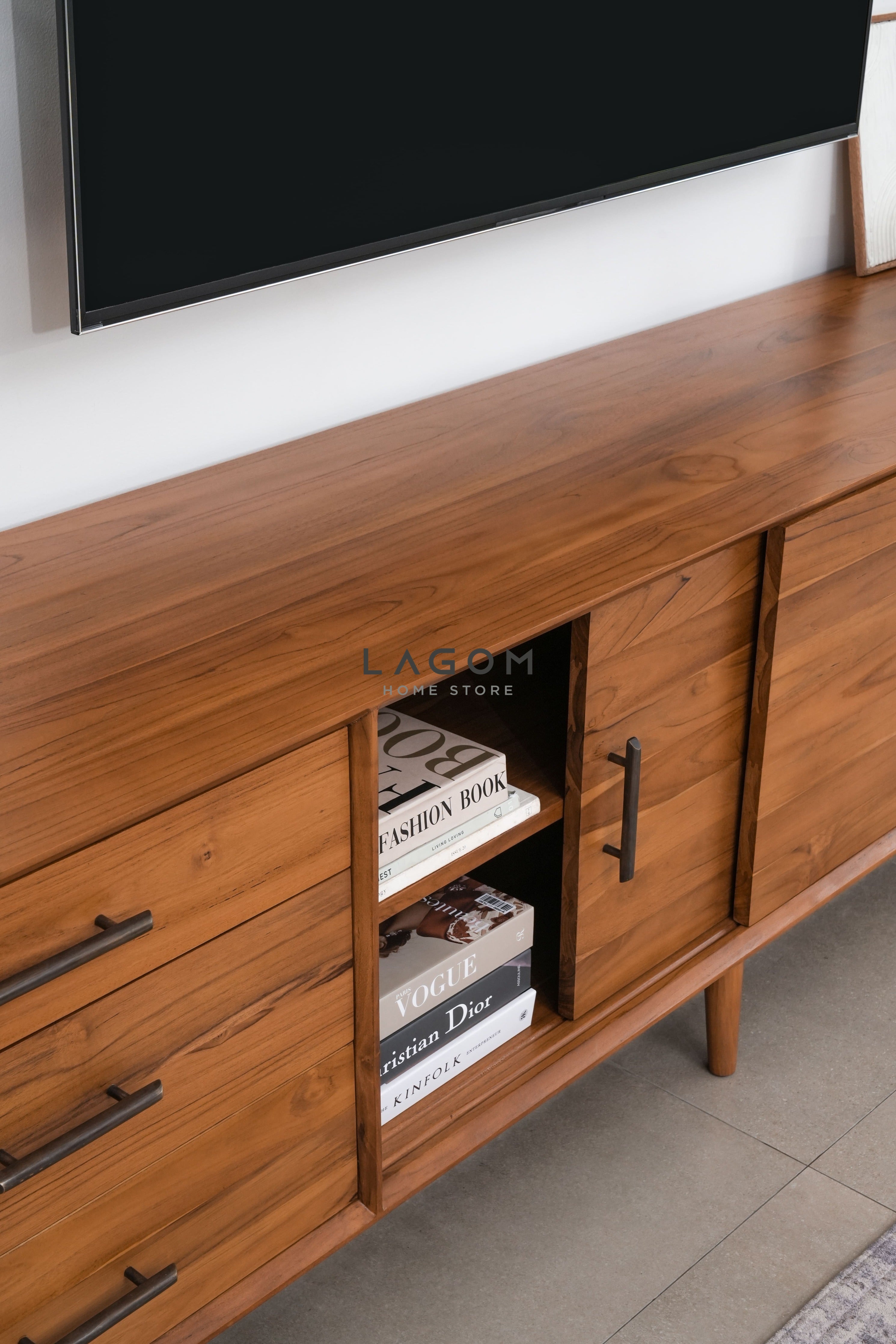 Meja TV Minimalis Kayu Jati dengan Pintu Geser dan Laci - Panjang 244 cm TV Cabinet Lagom Home Store Jati Furnitur Teak Furniture Jakarta