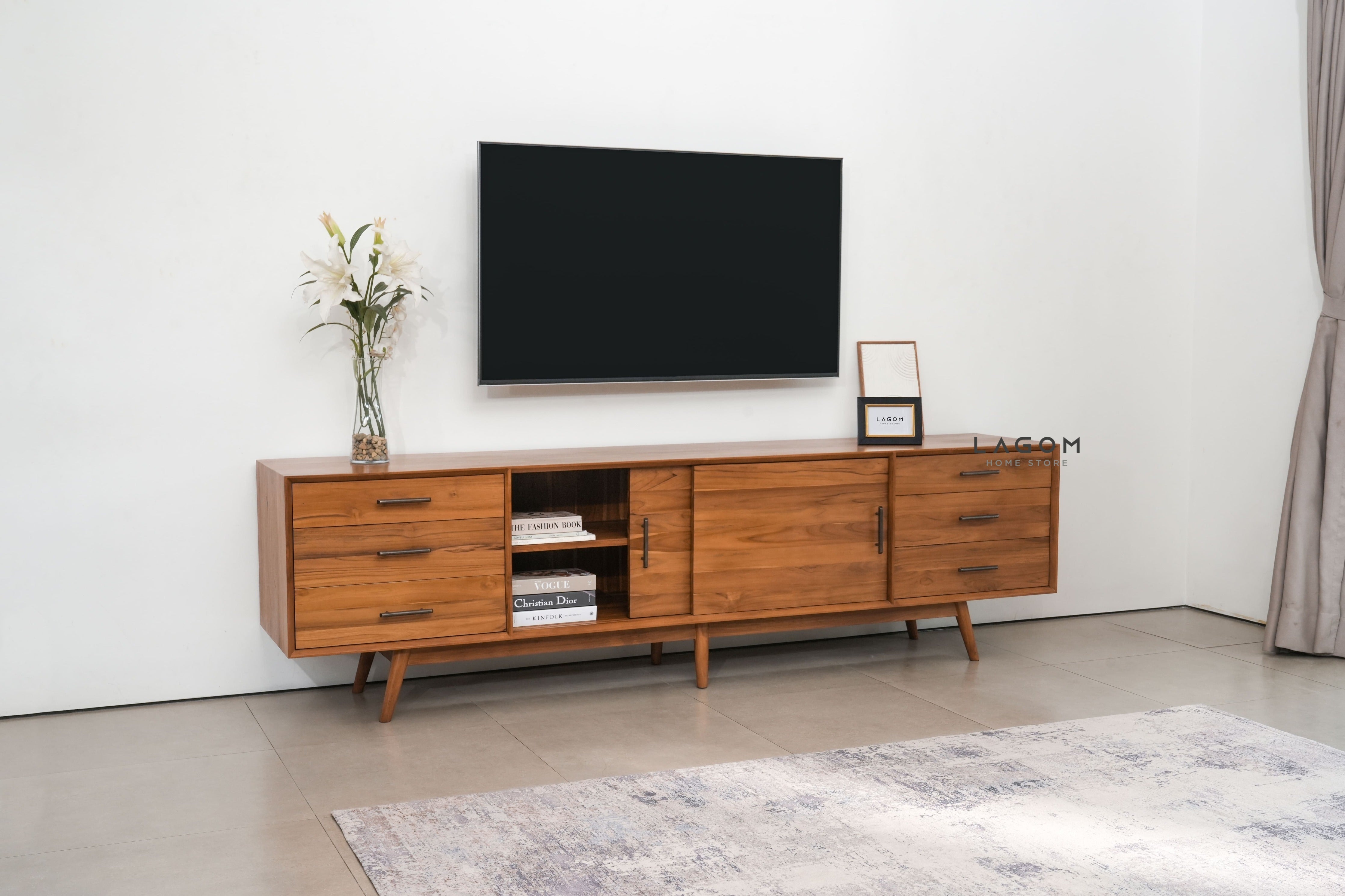 Meja TV Minimalis Kayu Jati dengan Pintu Geser dan Laci - Panjang 244 cm TV Cabinet Lagom Home Store Jati Furnitur Teak Furniture Jakarta