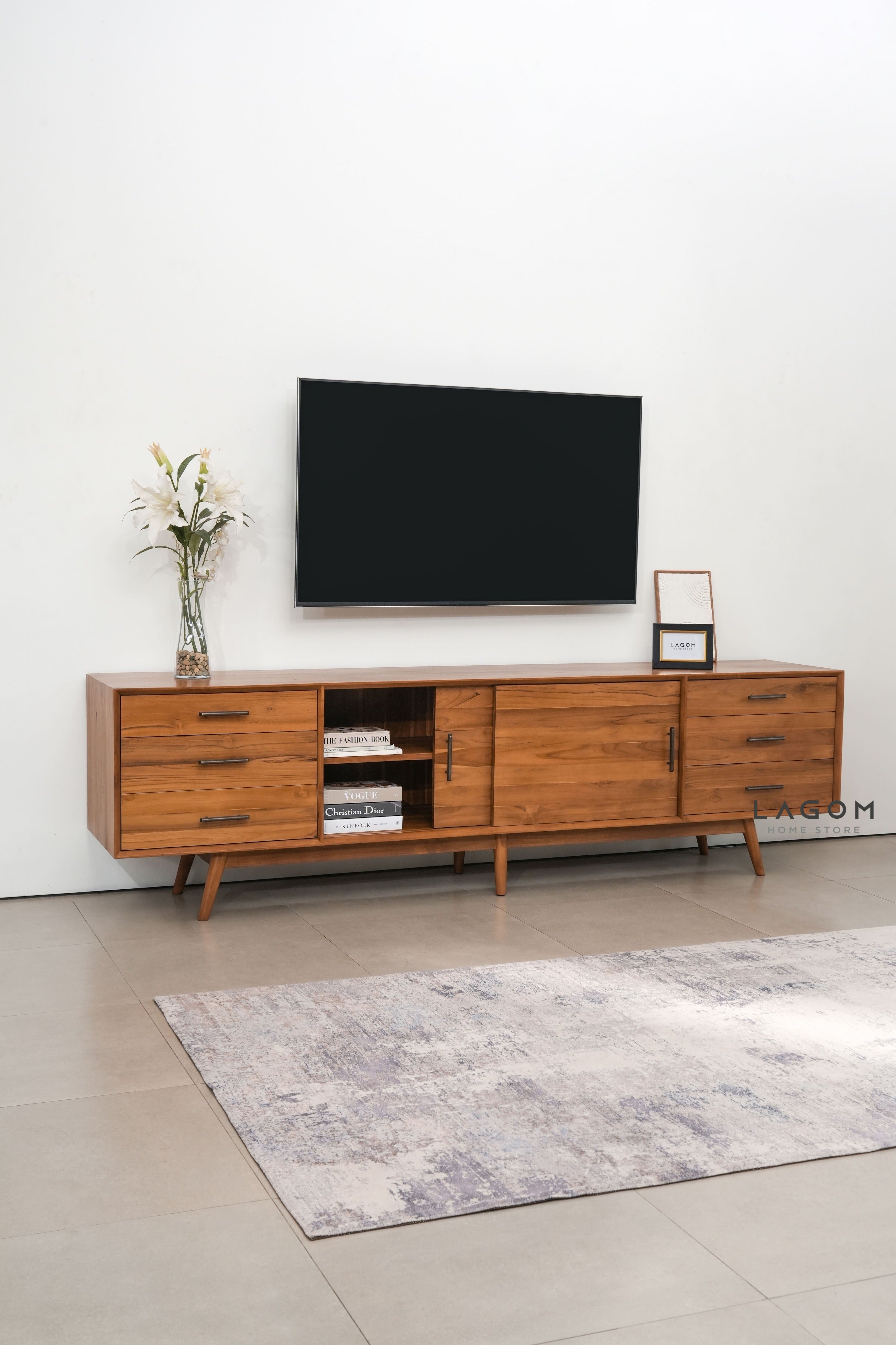 Meja TV Minimalis Kayu Jati dengan Pintu Geser dan Laci - Panjang 244 cm TV Cabinet Lagom Home Store Jati Furnitur Teak Furniture Jakarta