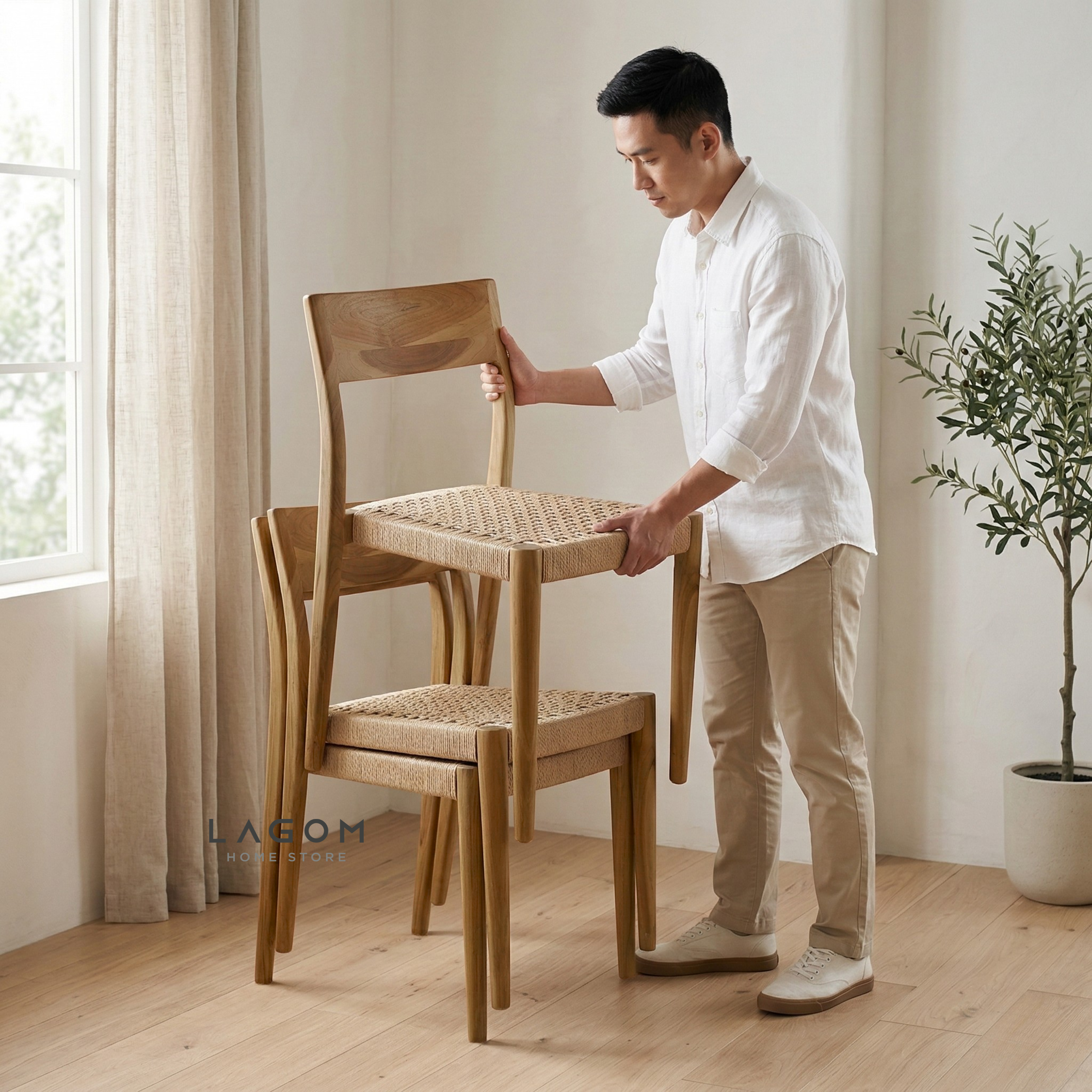 Minimalist Chair in Teak & Paper Loom Chair Lagom Home Store Jati Furnitur Teak Furniture Jakarta