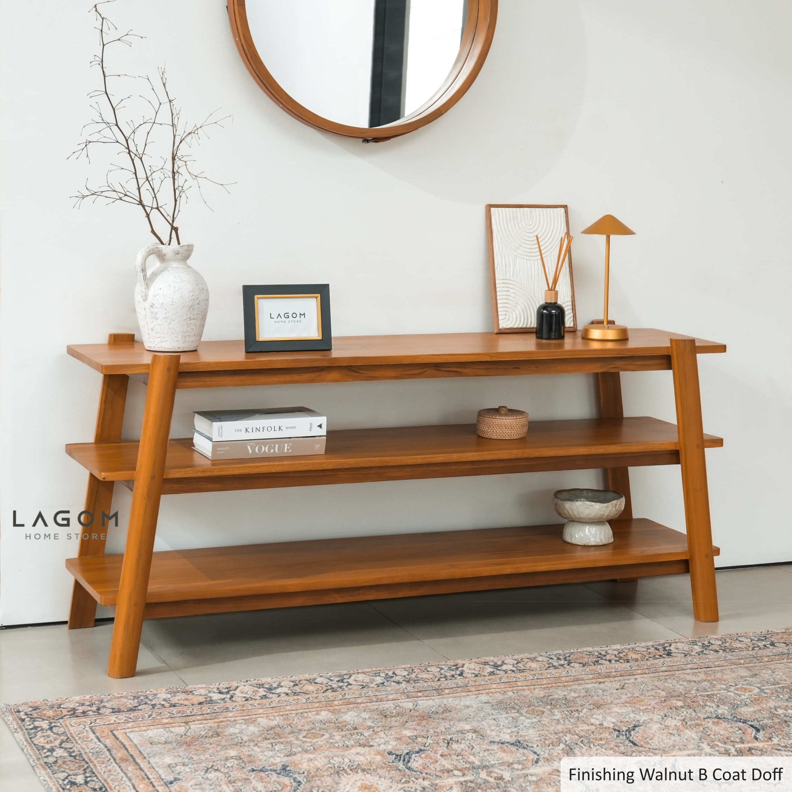 Minimalist Teak Console Table with 3 Shelves Console Table Lagom Home Store Jati Furnitur Teak Furniture Jakarta