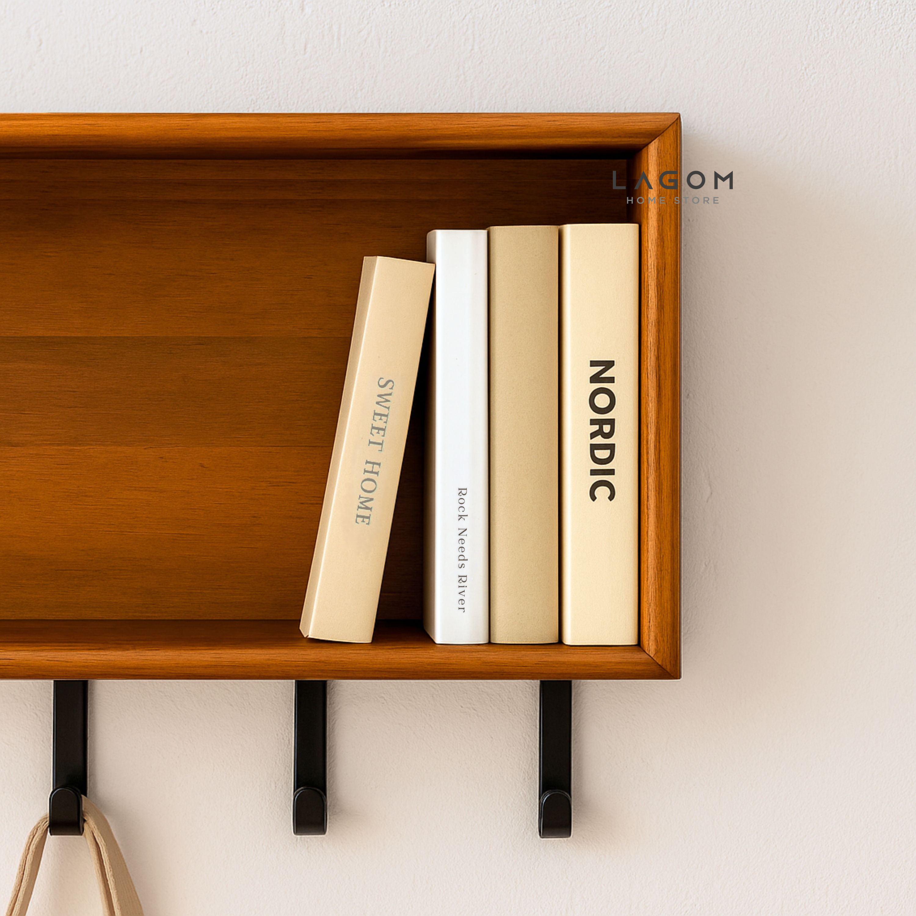 Minimalist Teak Wall Hanger with Shelf Wall Coat Hanger Lagom Home Store Jati Furnitur Teak Furniture Jakarta