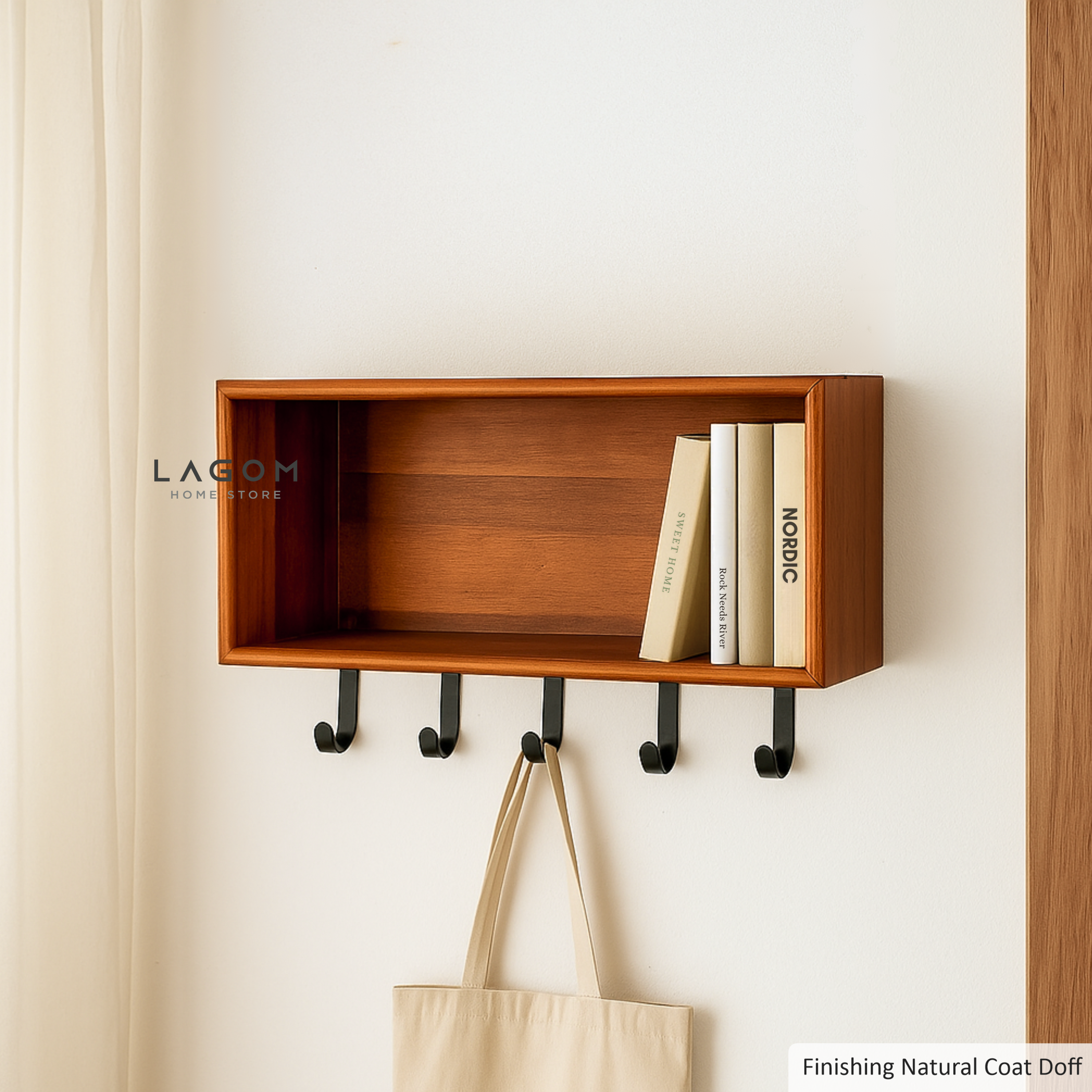 Minimalist Teak Wall Hanger with Shelf Wall Coat Hanger Lagom Home Store Jati Furnitur Teak Furniture Jakarta
