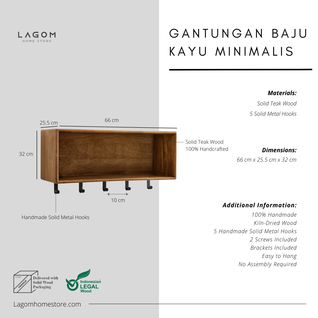 Minimalist Teak Wall Hanger with Shelf Wall Coat Hanger Lagom Home Store Jati Furnitur Teak Furniture Jakarta
