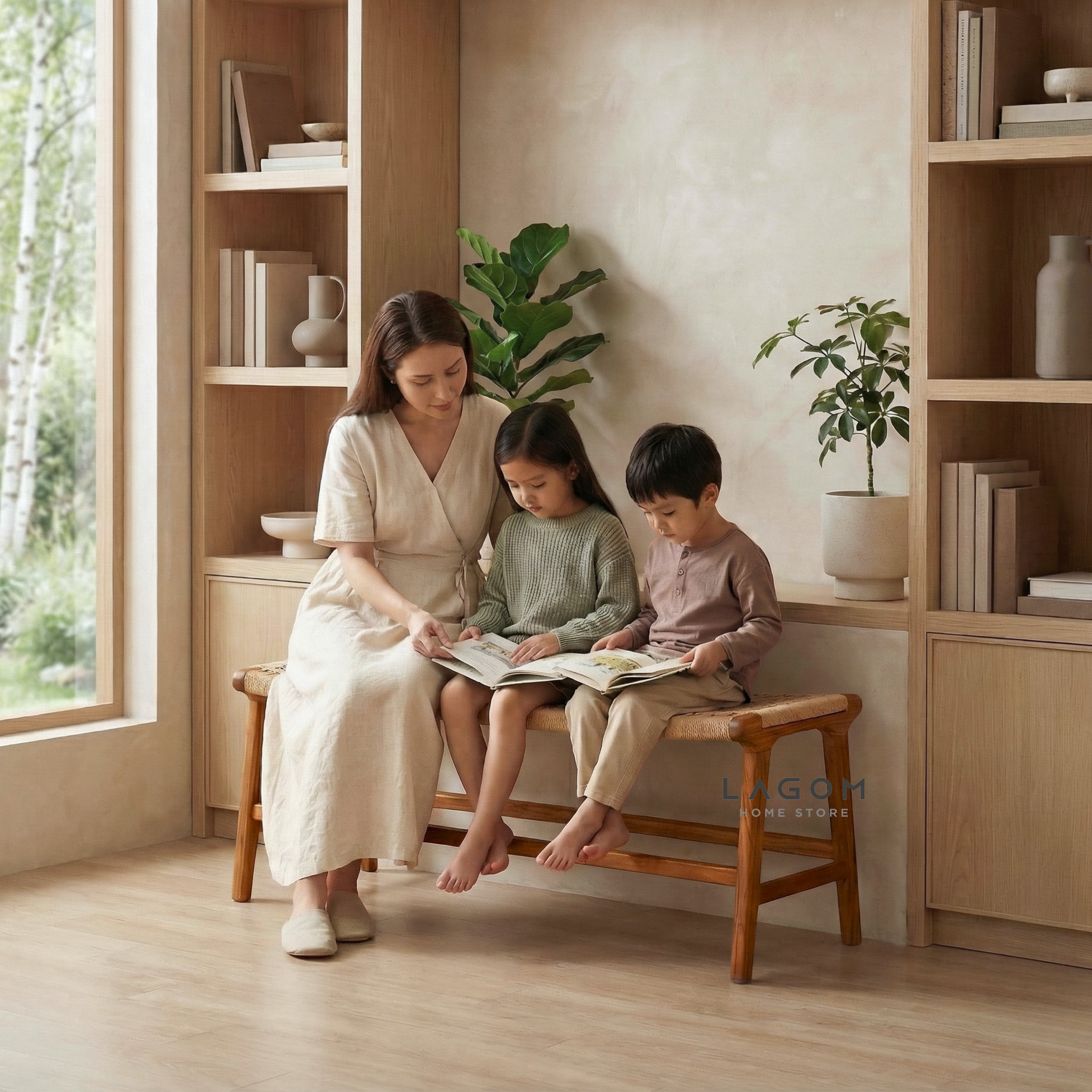 Premium Bench in Teak Wood & Loom Bench Seat Lagom Home Store Jati Furnitur Teak Furniture Jakarta