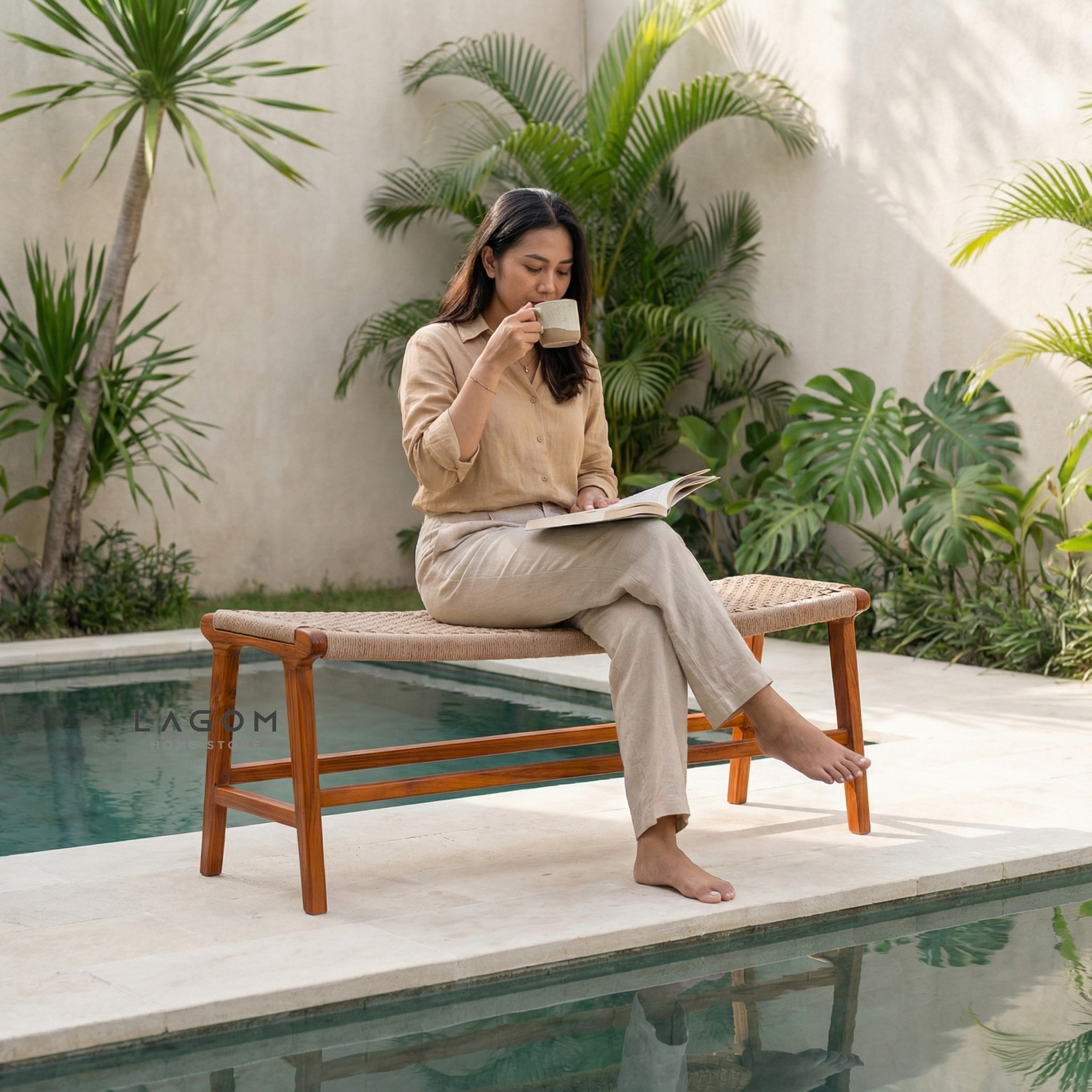 Premium Bench in Teak Wood & Loom Bench Seat Lagom Home Store Jati Furnitur Teak Furniture Jakarta