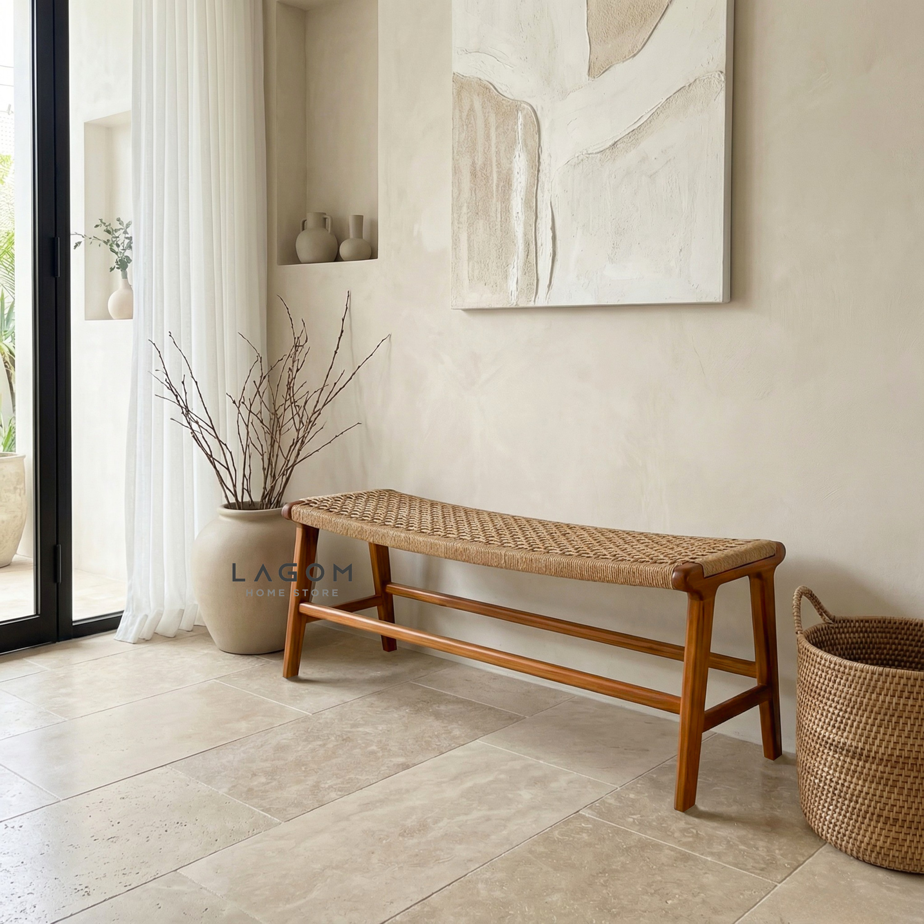Premium Bench in Teak Wood & Loom Bench Seat Lagom Home Store Jati Furnitur Teak Furniture Jakarta