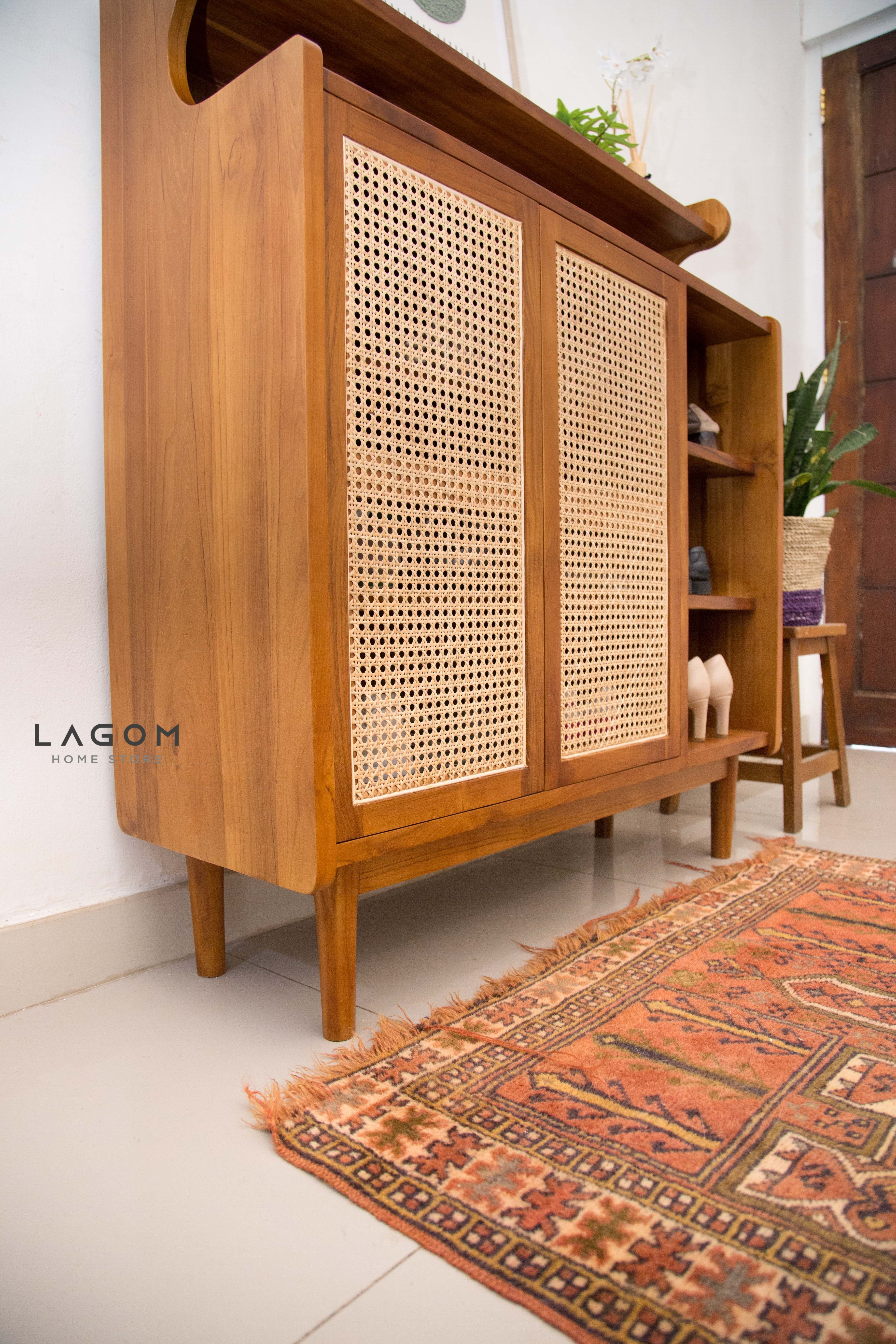 Premium Shoe Rack in Teak & Rattan Shoe Rack Lagom Home Store Jati Furnitur Teak Furniture Jakarta