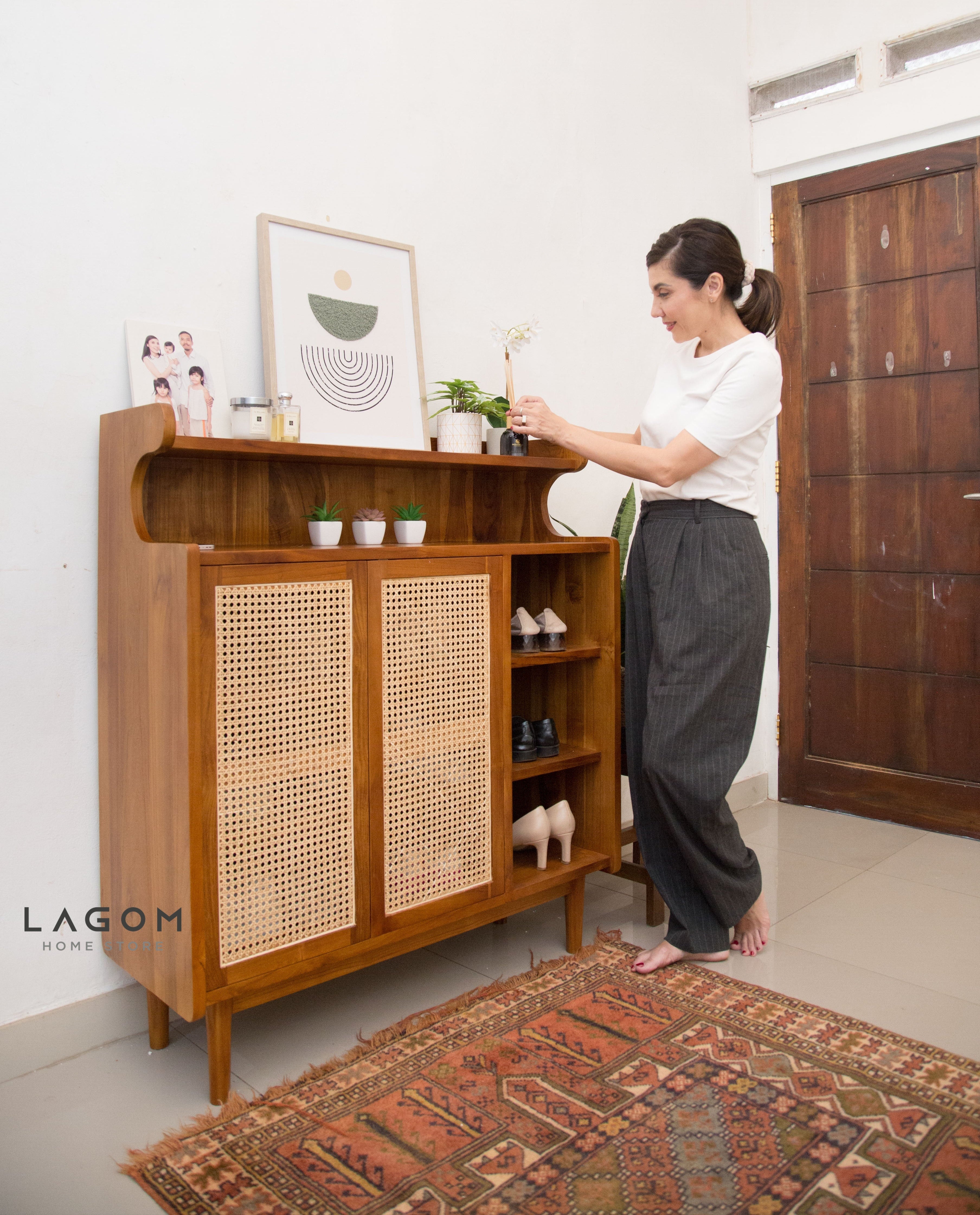 Premium Shoe Rack in Teak & Rattan Shoe Rack Lagom Home Store Jati Furnitur Teak Furniture Jakarta