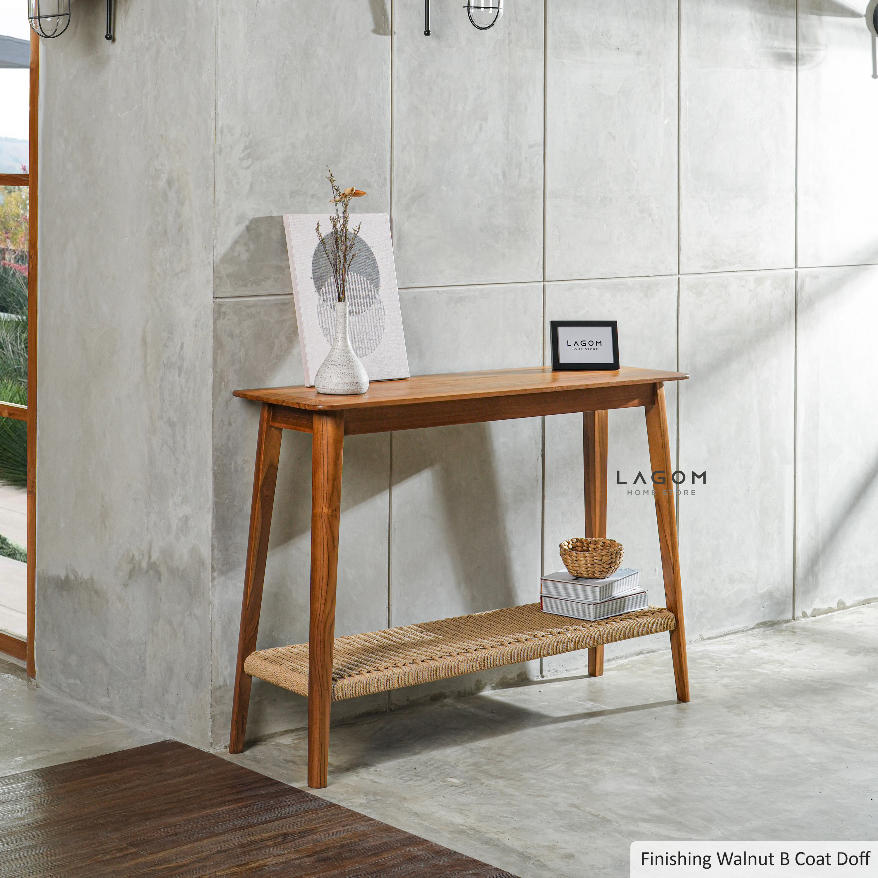Premium Teak Console Table with Handwoven Loom Shelf Console Table Lagom Home Store Jati Furnitur Teak Furniture Jakarta