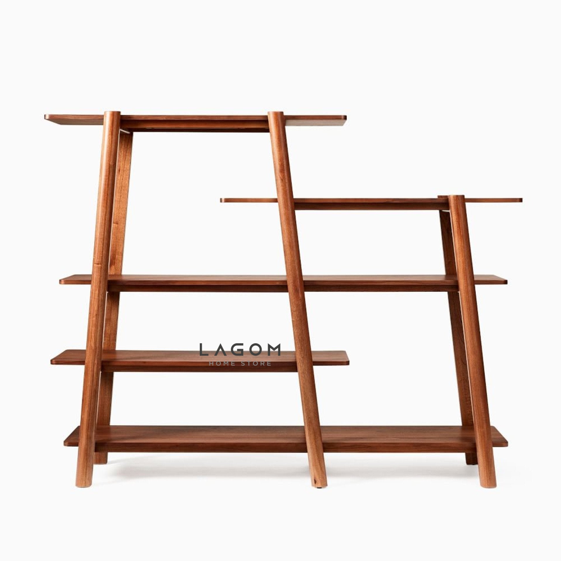 Rak Buku Kayu Jati dengan Desain Unik 5 Ambalan Bookshelves Lagom Home Store Jati Furnitur Teak Furniture Jakarta