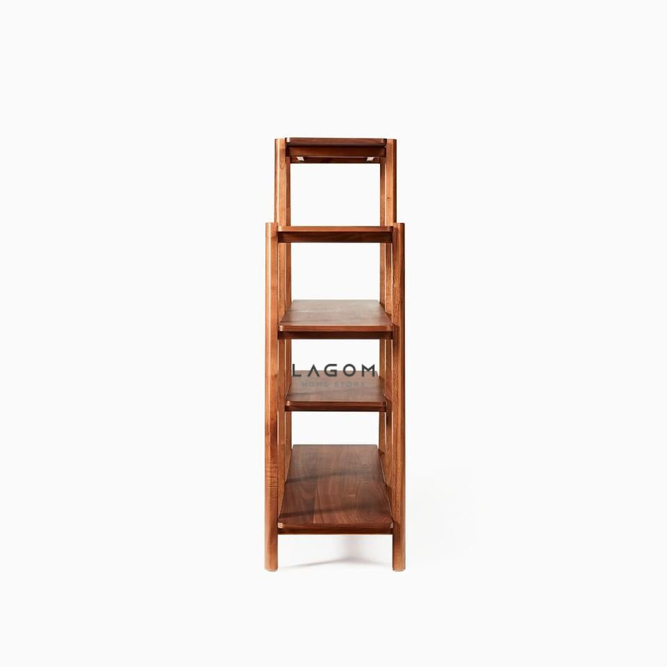 Rak Buku Kayu Jati dengan Desain Unik 5 Ambalan Bookshelves Lagom Home Store Jati Furnitur Teak Furniture Jakarta