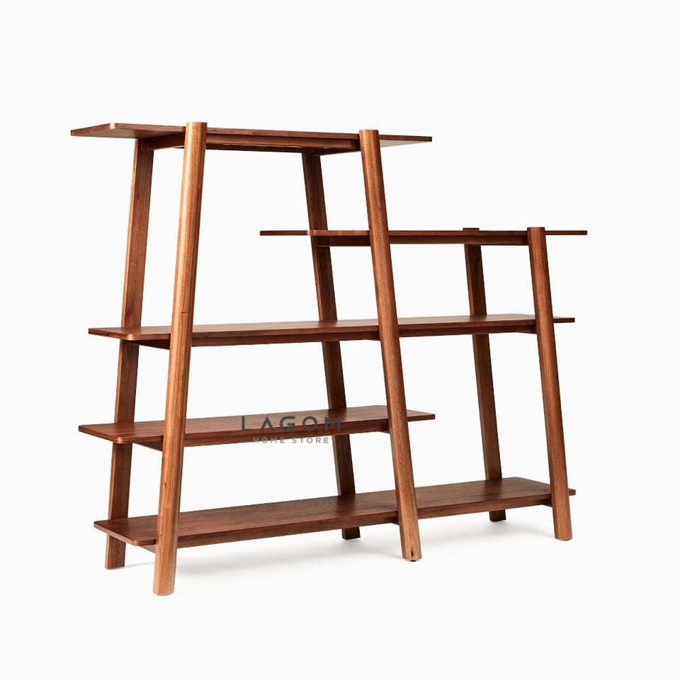 Rak Buku Kayu Jati dengan Desain Unik 5 Ambalan Bookshelves Lagom Home Store Jati Furnitur Teak Furniture Jakarta