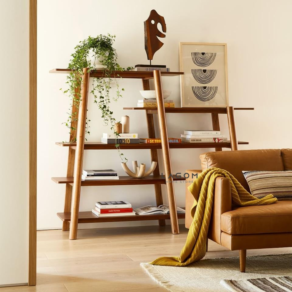 Rak Buku Kayu Jati dengan Desain Unik 5 Ambalan Bookshelves Lagom Home Store Jati Furnitur Teak Furniture Jakarta
