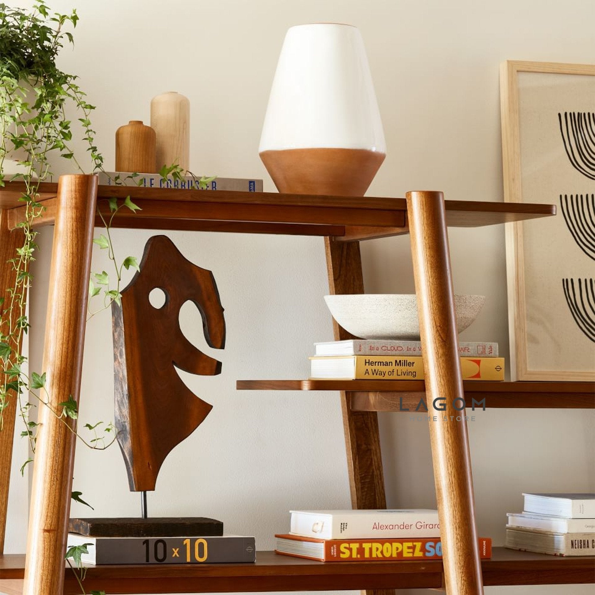 Rak Buku Kayu Jati dengan Desain Unik 5 Ambalan Bookshelves Lagom Home Store Jati Furnitur Teak Furniture Jakarta