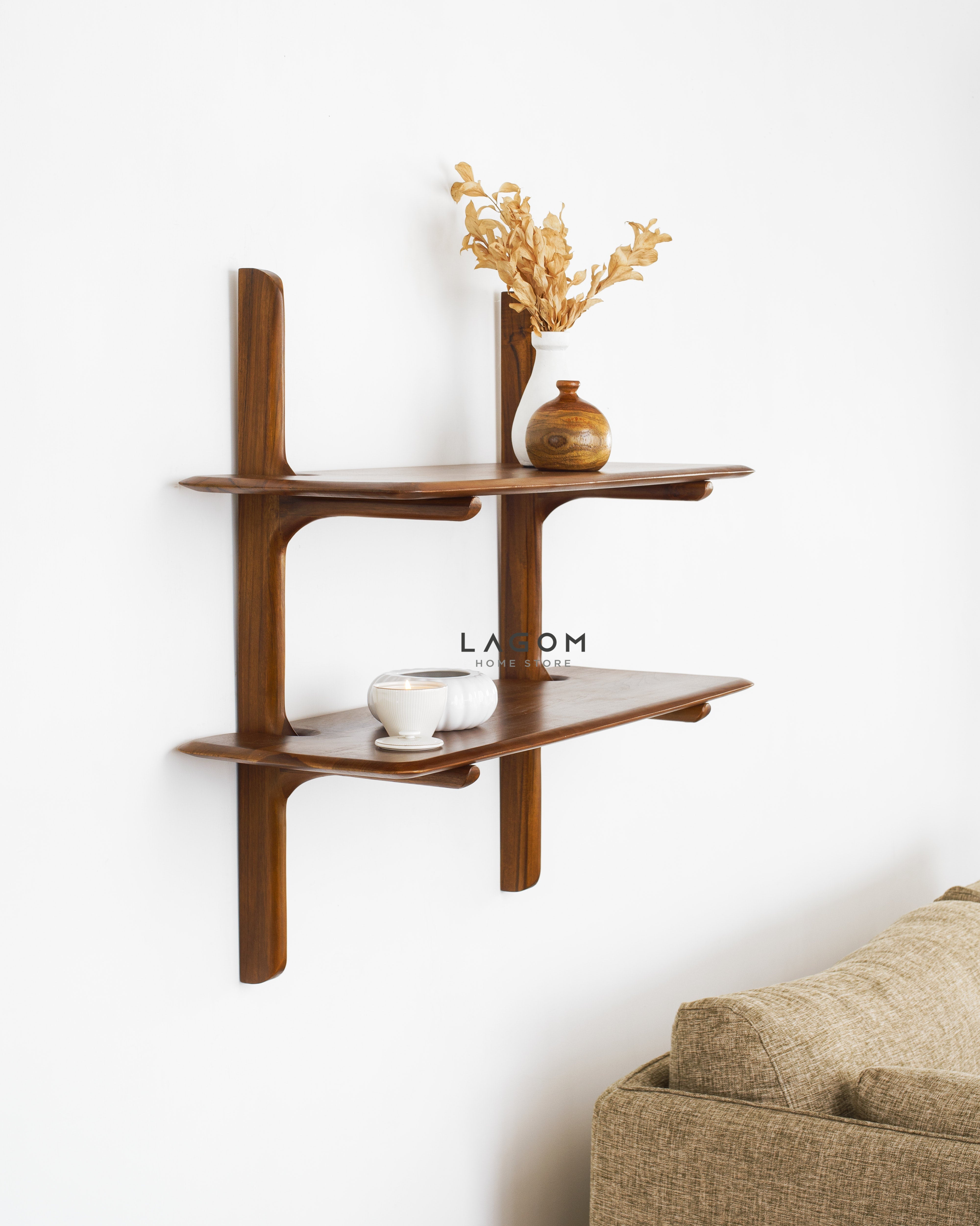Rak Dinding Estetik dari Kayu Jati Solid Wall Shelves Lagom Home Store Jati Furnitur Teak Furniture Jakarta