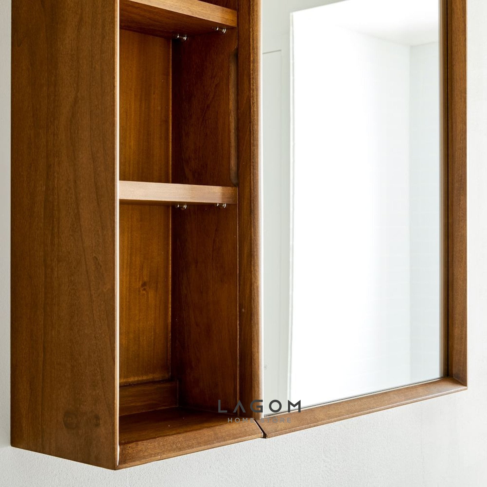 Rak Dinding Kayu Jati dengan Cermin Wall Storage Lagom Home Store Jati Furnitur Teak Furniture Jakarta