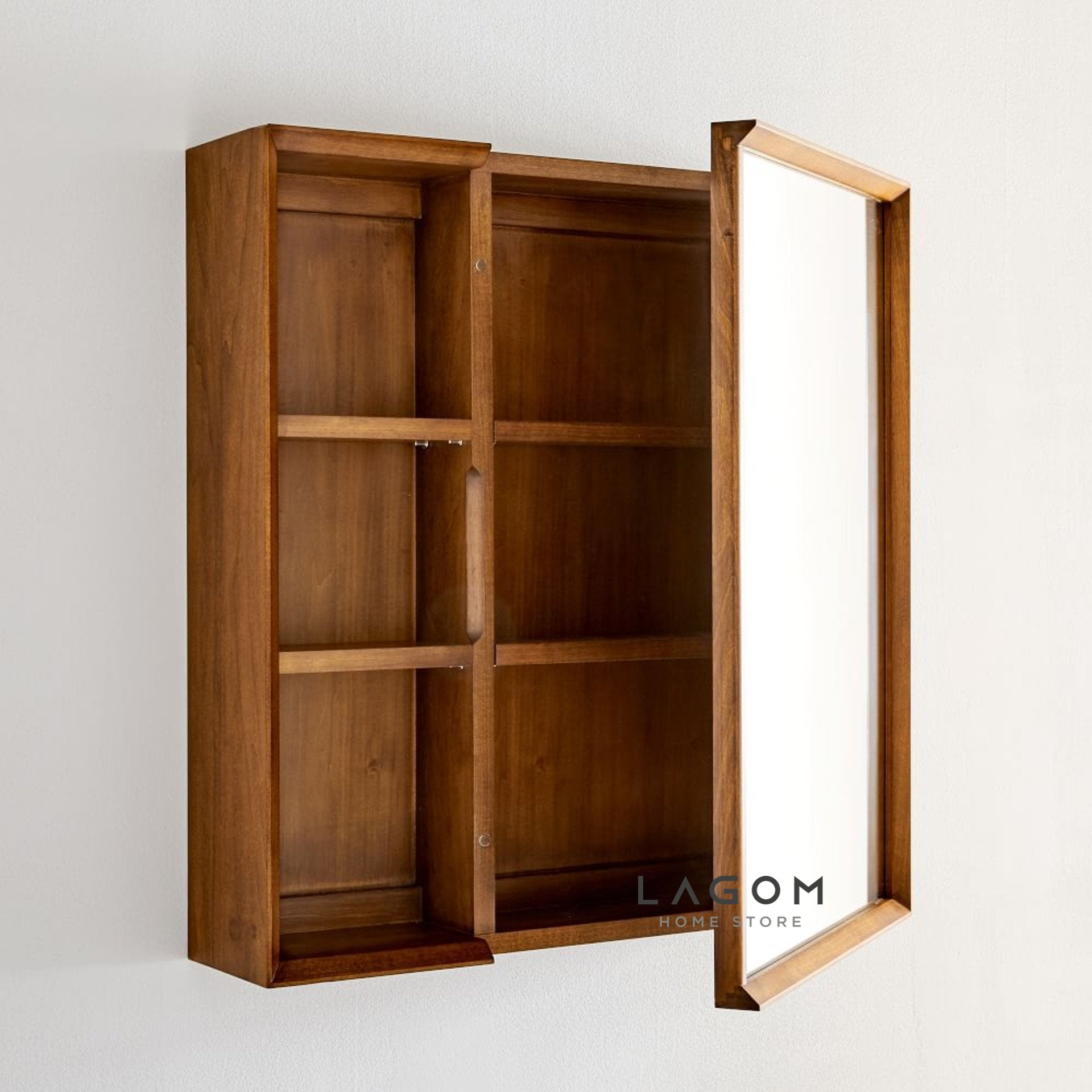 Rak Dinding Kayu Jati dengan Cermin Wall Storage Lagom Home Store Jati Furnitur Teak Furniture Jakarta