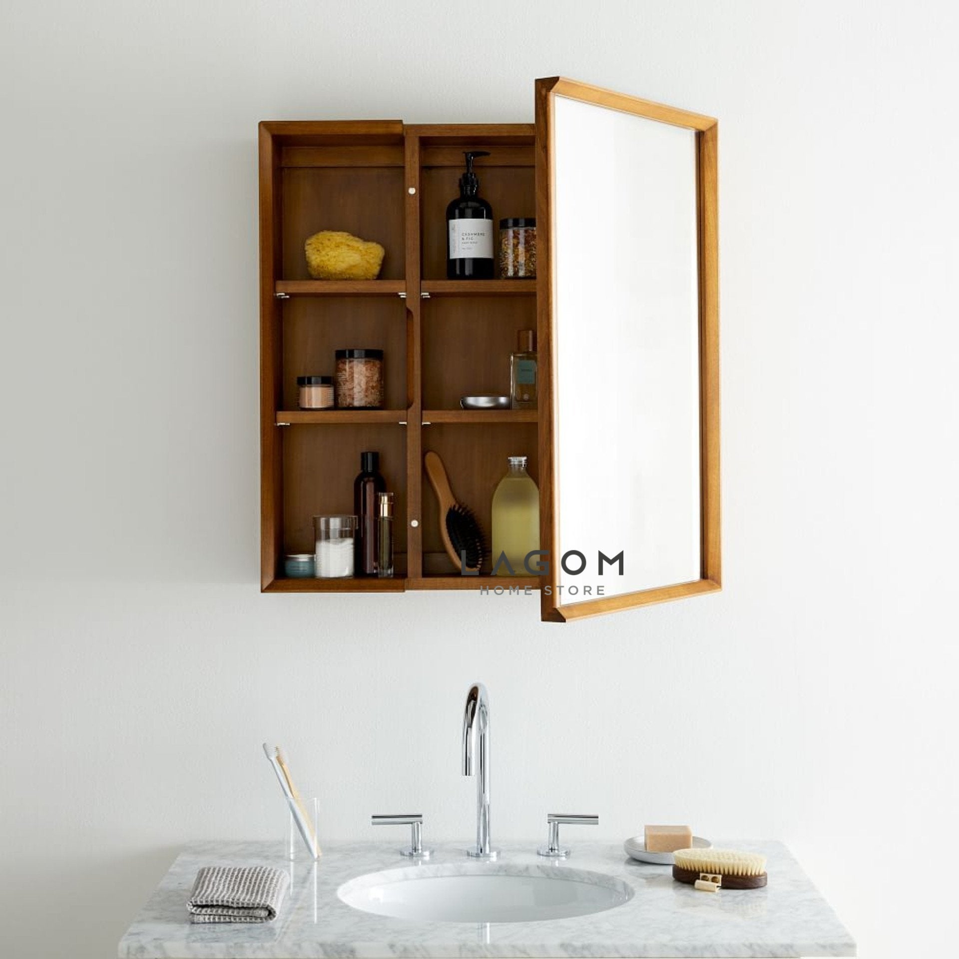 Rak Dinding Kayu Jati dengan Cermin Wall Storage Lagom Home Store Jati Furnitur Teak Furniture Jakarta