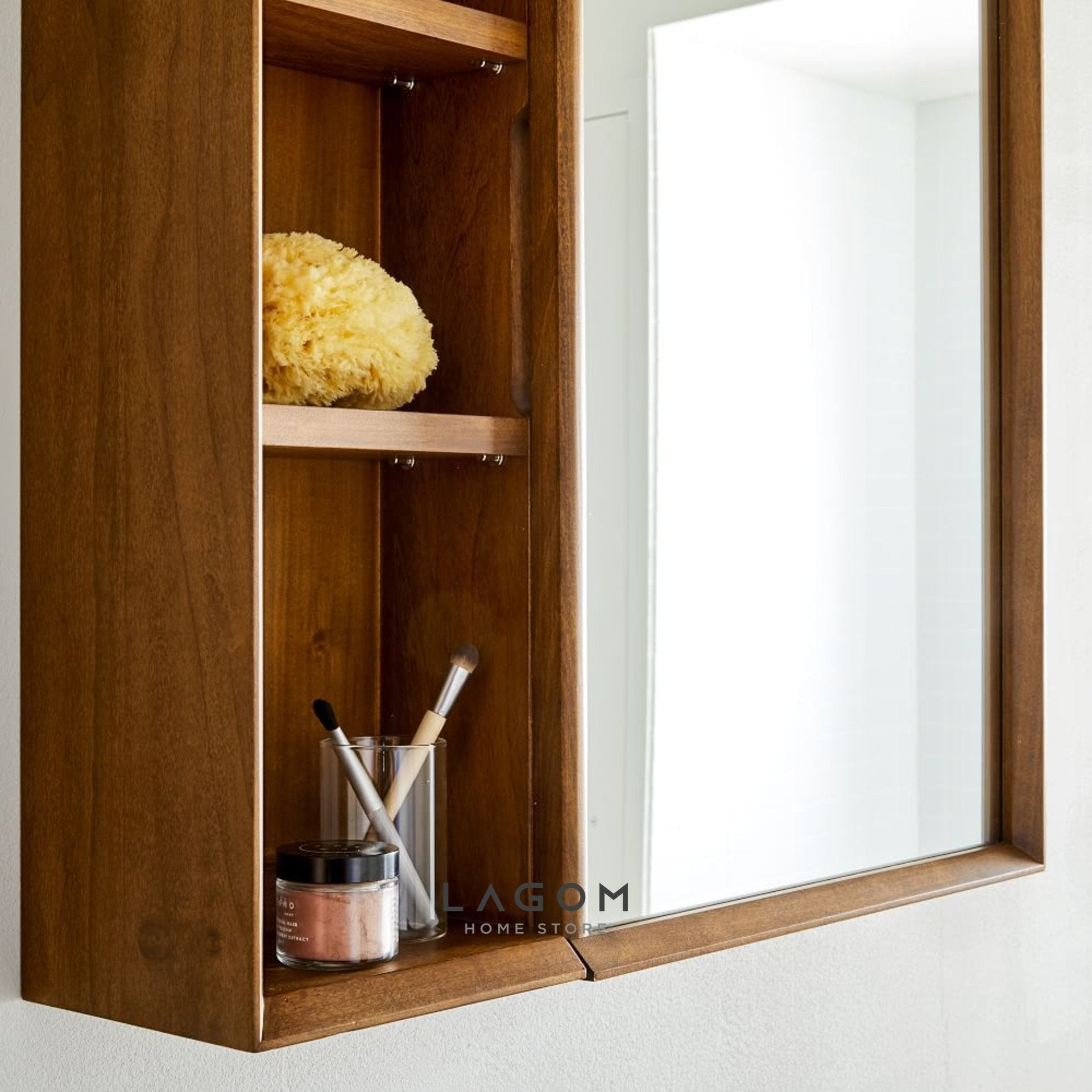 Rak Dinding Kayu Jati dengan Cermin Wall Storage Lagom Home Store Jati Furnitur Teak Furniture Jakarta