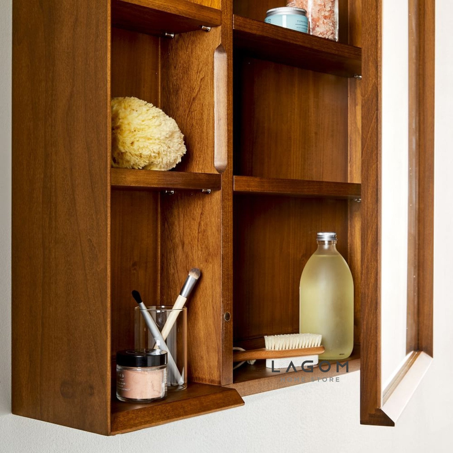 Rak Dinding Kayu Jati dengan Cermin Wall Storage Lagom Home Store Jati Furnitur Teak Furniture Jakarta