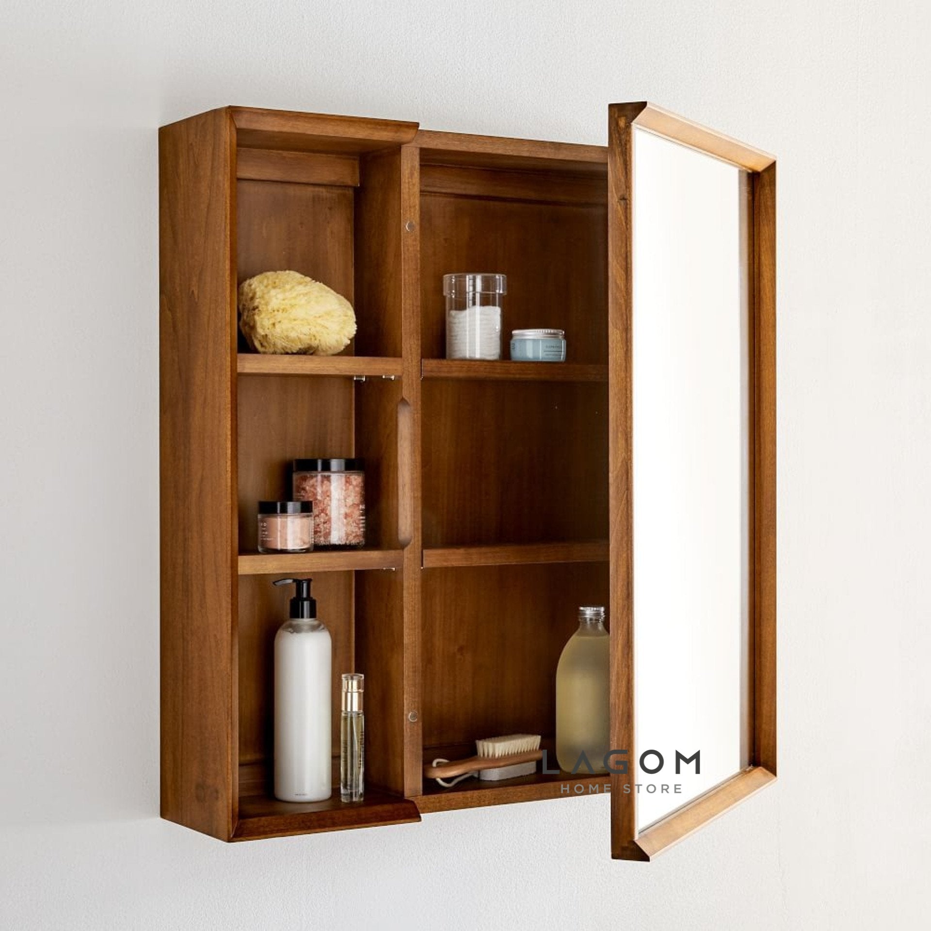 Rak Dinding Kayu Jati dengan Cermin Wall Storage Lagom Home Store Jati Furnitur Teak Furniture Jakarta