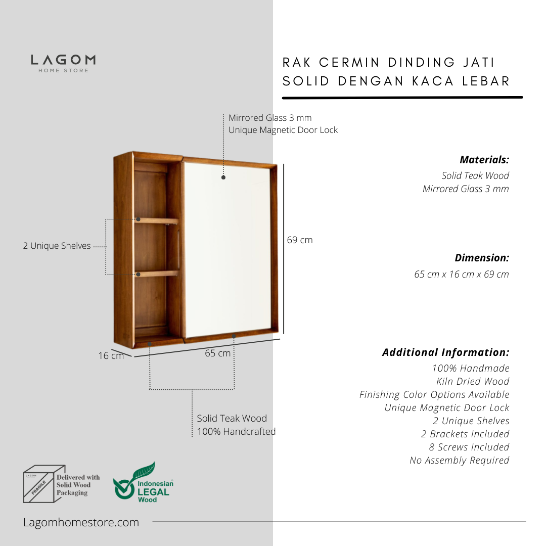 Rak Dinding Kayu Jati dengan Cermin Wall Storage Lagom Home Store Jati Furnitur Teak Furniture Jakarta