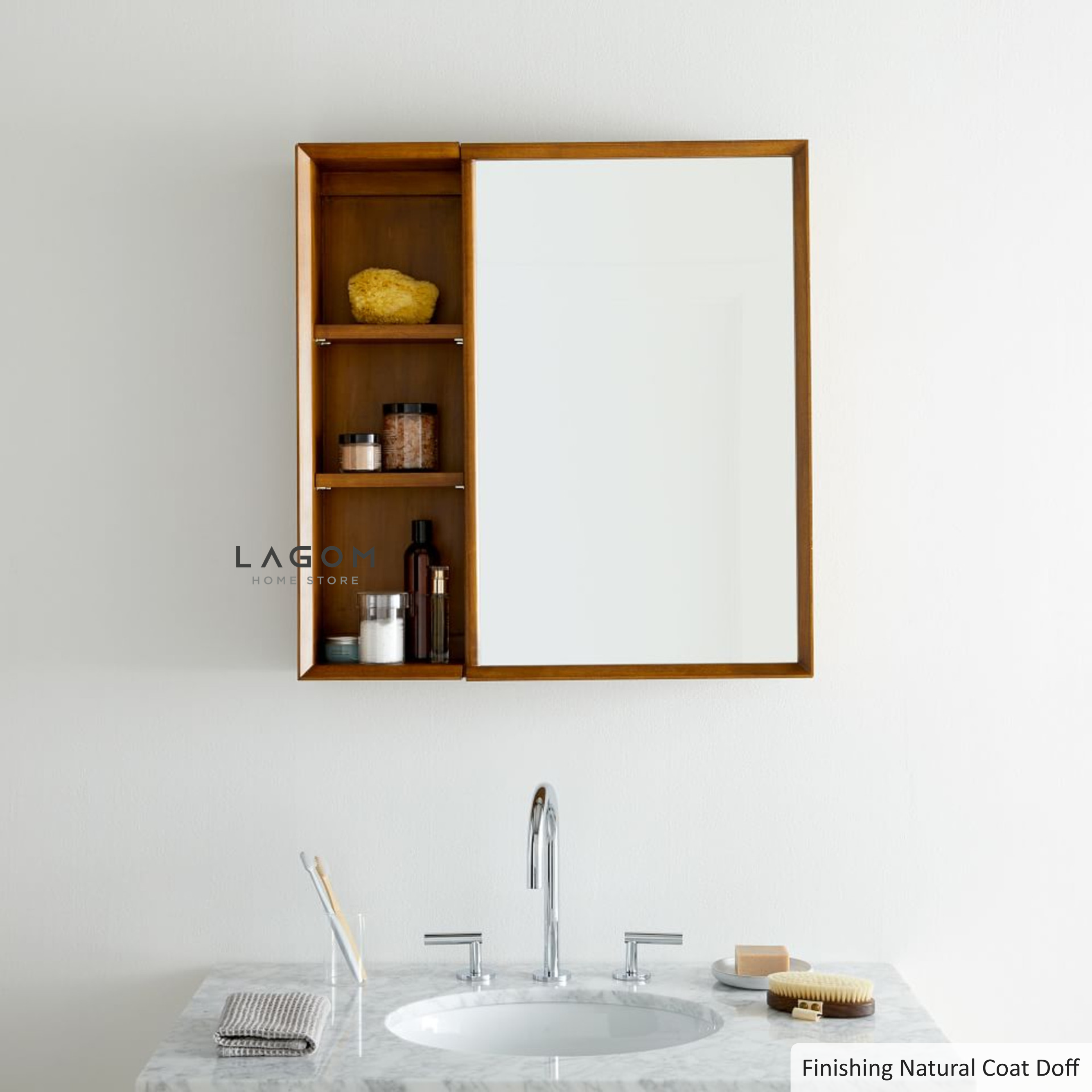 Rak Dinding Kayu Jati dengan Cermin Wall Storage Lagom Home Store Jati Furnitur Teak Furniture Jakarta