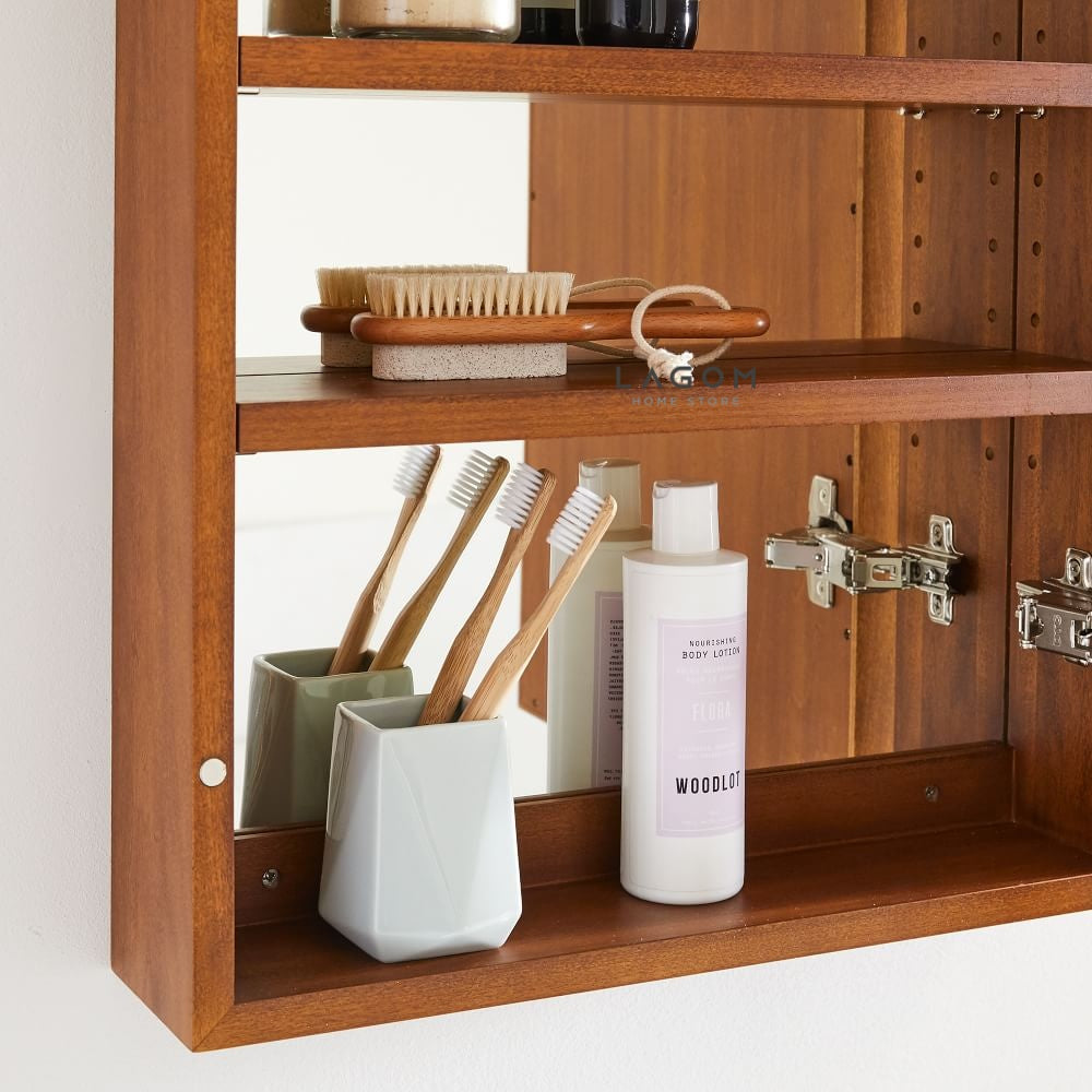 Rak Gantung dari Kayu Jati dengan Cermin Wall Storage Lagom Home Store Jati Furnitur Teak Furniture Jakarta