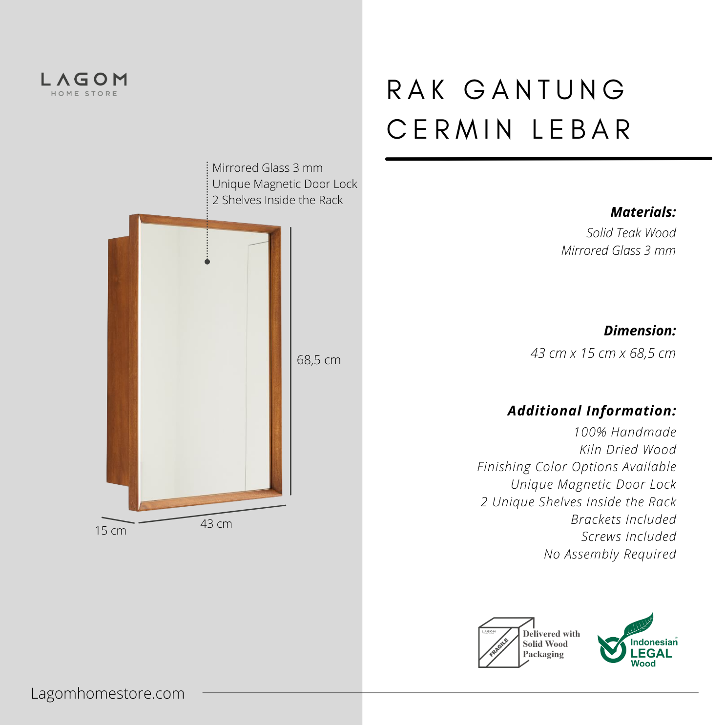 Rak Gantung dari Kayu Jati dengan Cermin Wall Storage Lagom Home Store Jati Furnitur Teak Furniture Jakarta