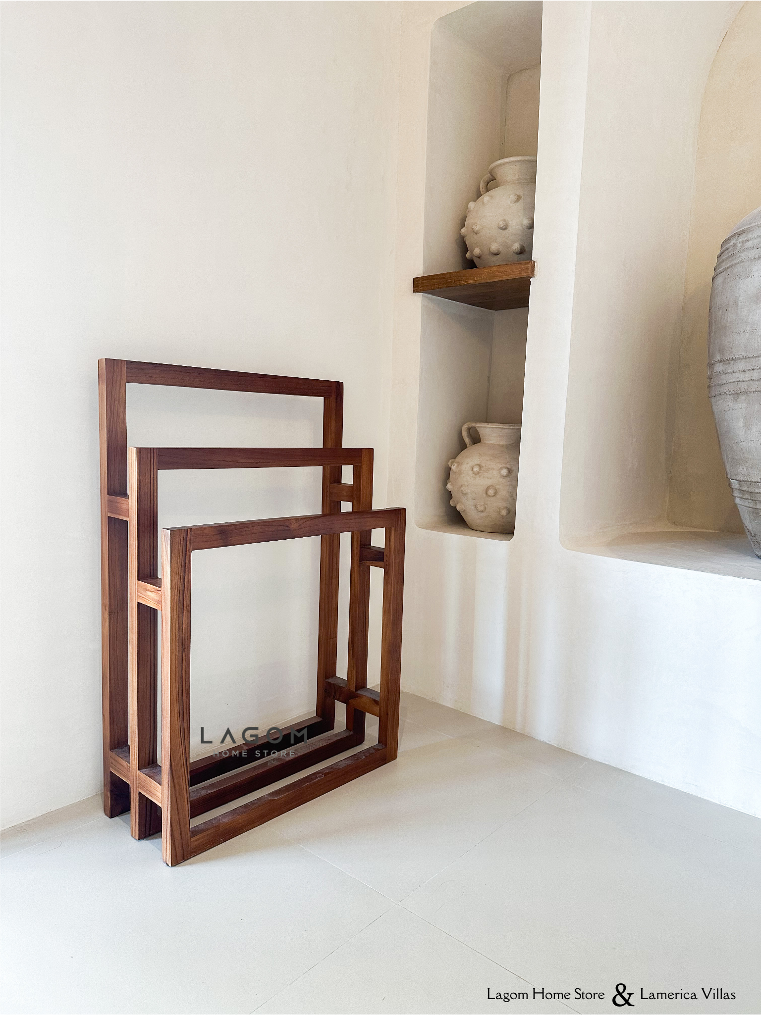 Rak Handuk Berundak Handmade dari Kayu Jati Solid Towel Rack Lagom Home Store Jati Furnitur Teak Furniture Jakarta