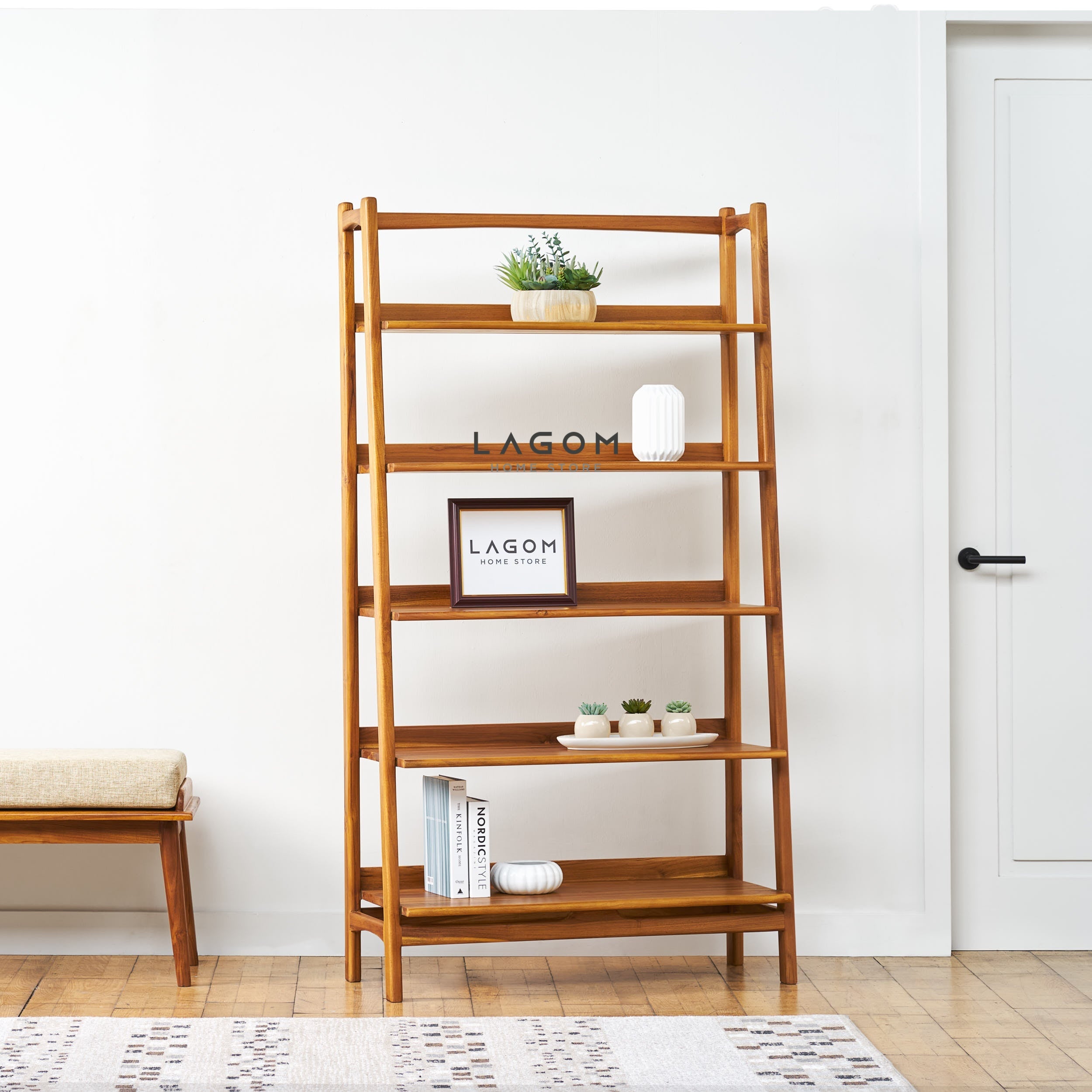 Rak Kayu Jati dengan 5 Ambalan Bookshelves Lagom Home Store Jati Furnitur Teak Furniture Jakarta