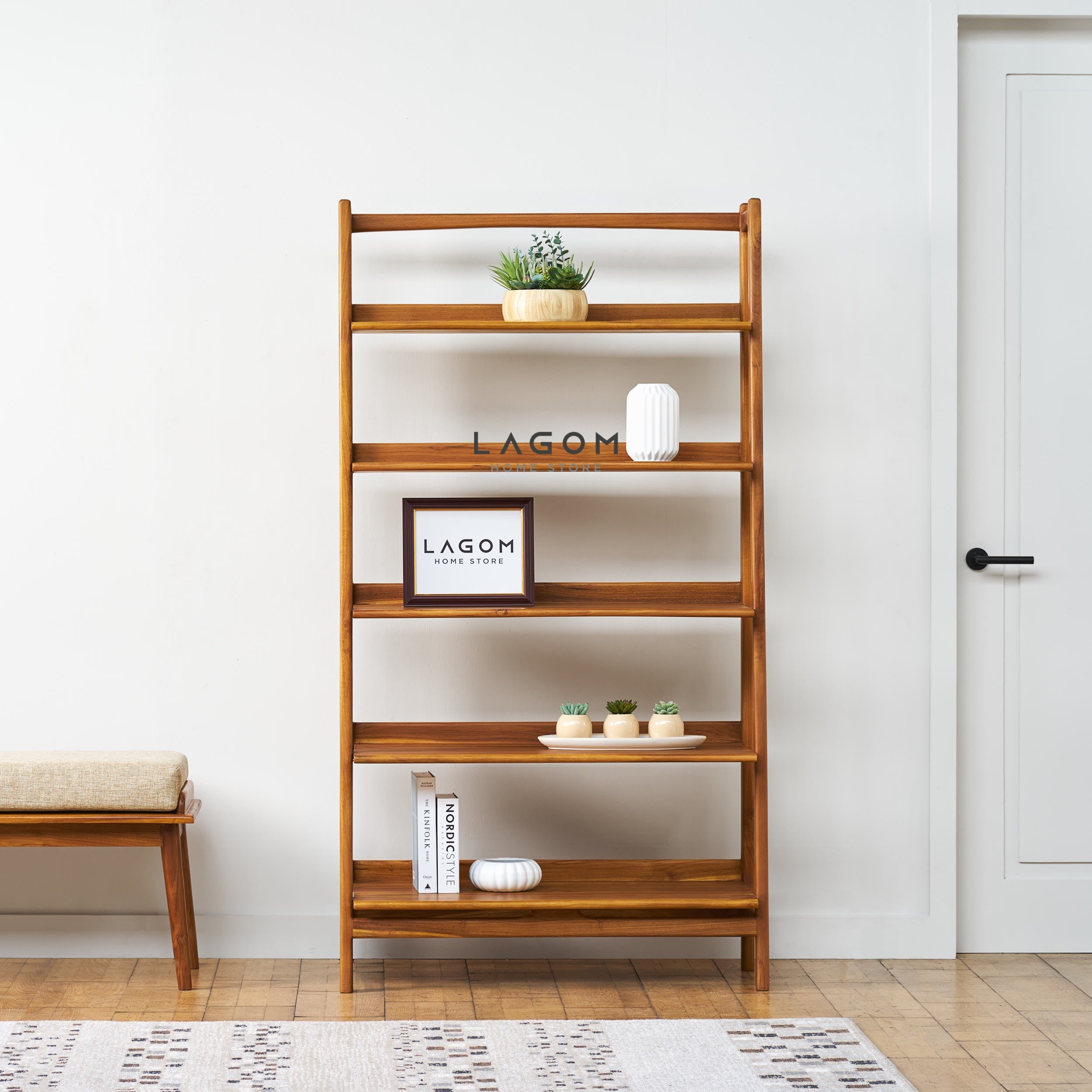 Rak Kayu Jati dengan 5 Ambalan Bookshelves Lagom Home Store Jati Furnitur Teak Furniture Jakarta