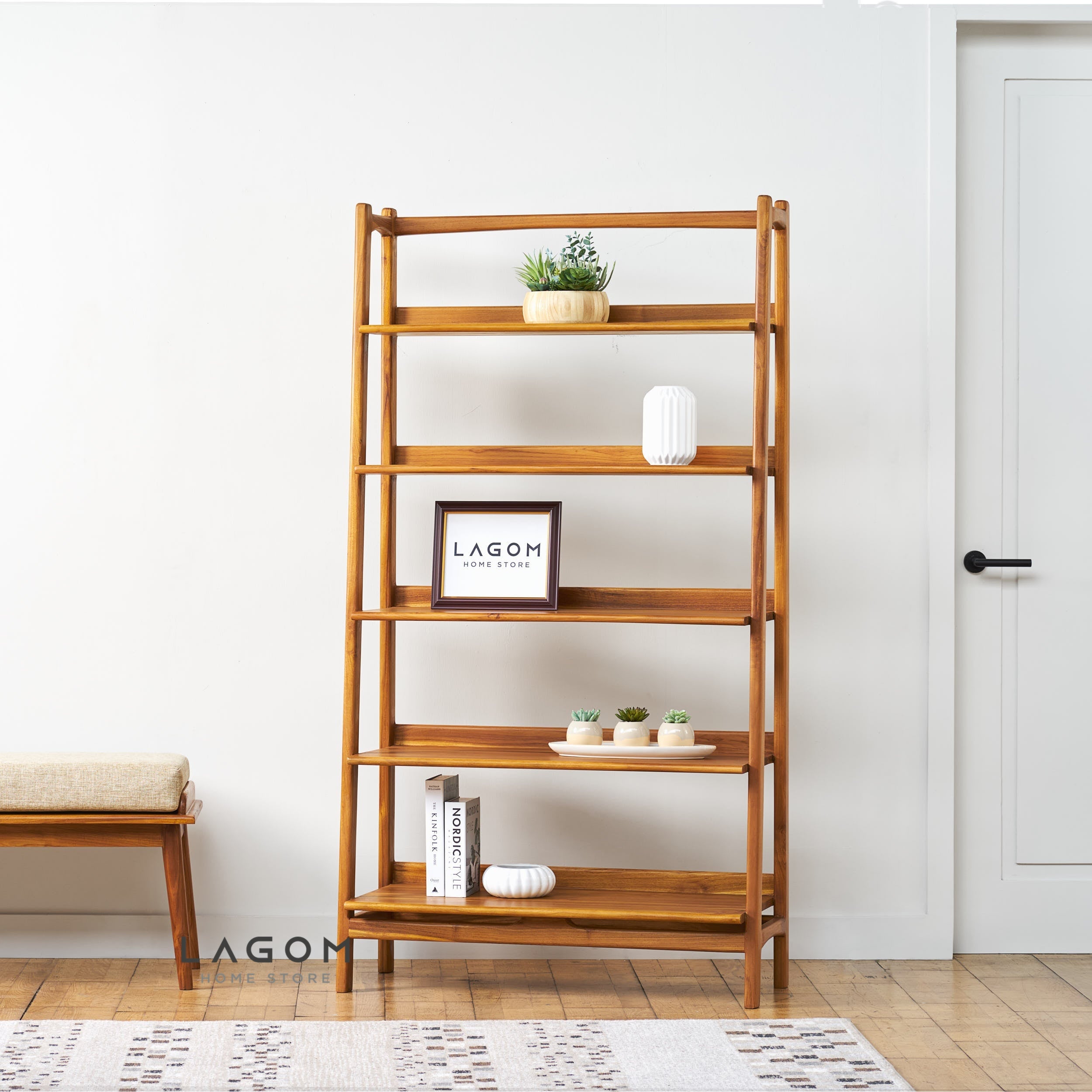 Rak Kayu Jati dengan 5 Ambalan Bookshelves Lagom Home Store Jati Furnitur Teak Furniture Jakarta