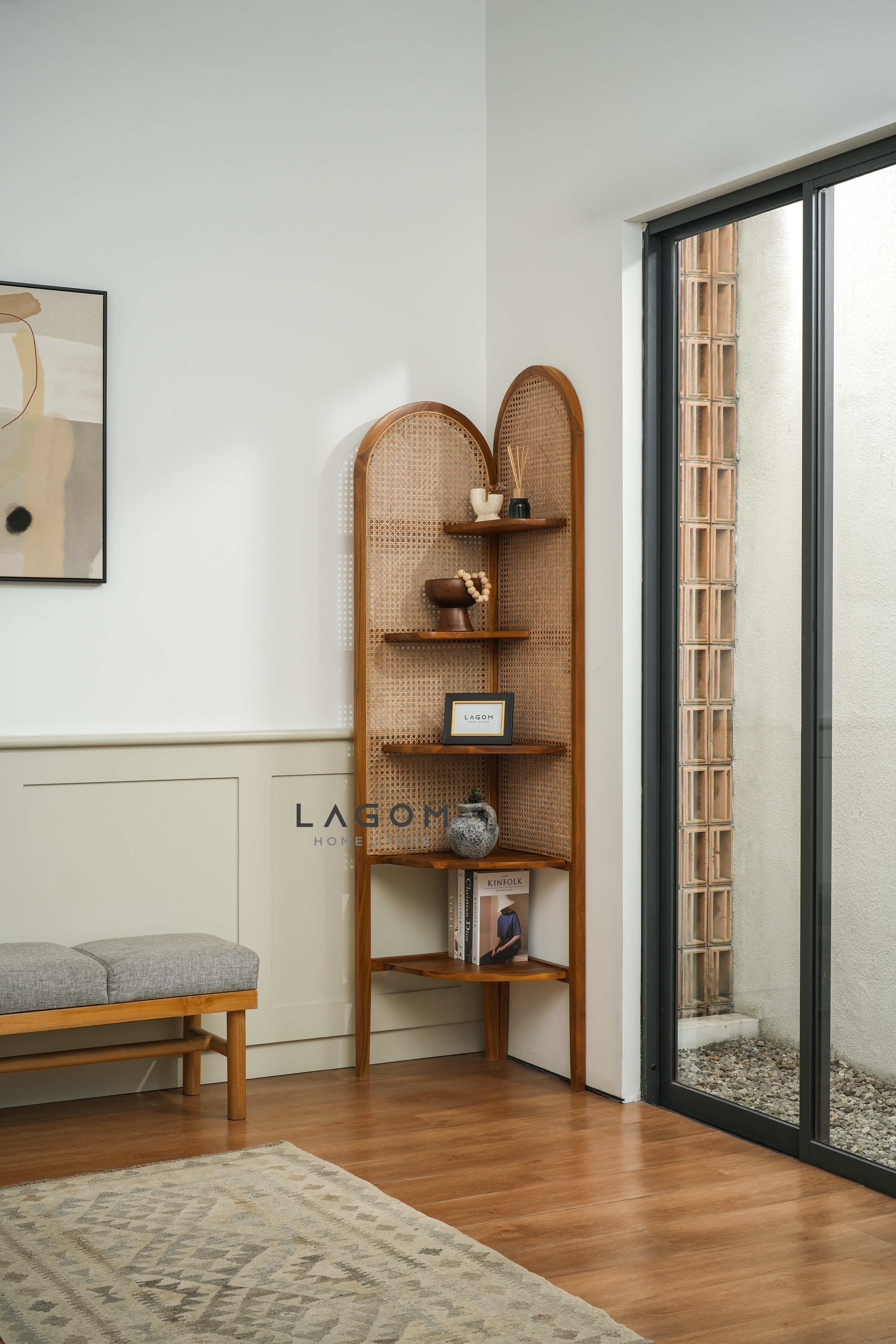 Rak Sudut Estetik dari Kayu Jati dan Rotan Bookshelf Lagom Home Store Jati Furnitur Teak Furniture Jakarta