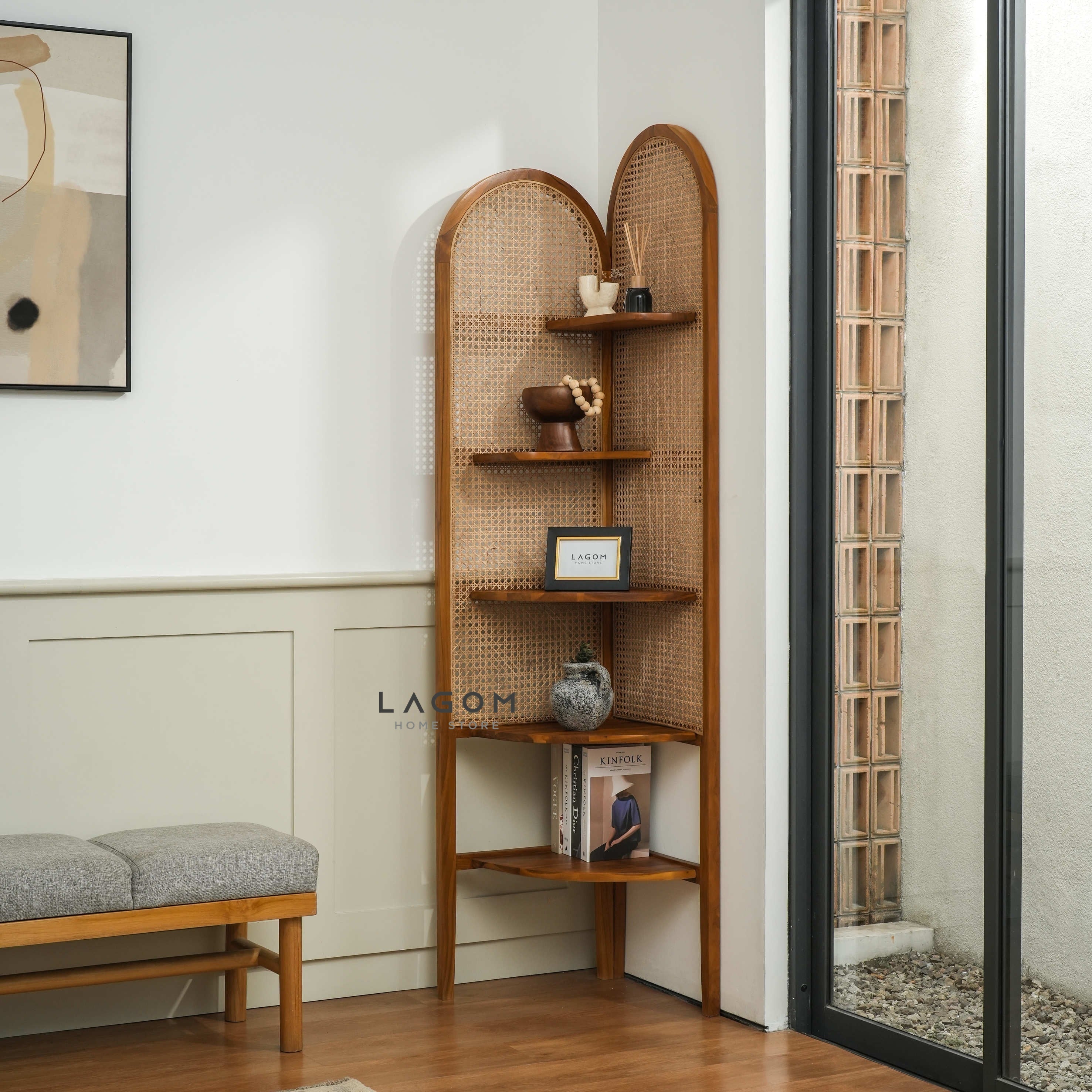 Rak Sudut Estetik dari Kayu Jati dan Rotan Bookshelf Lagom Home Store Jati Furnitur Teak Furniture Jakarta