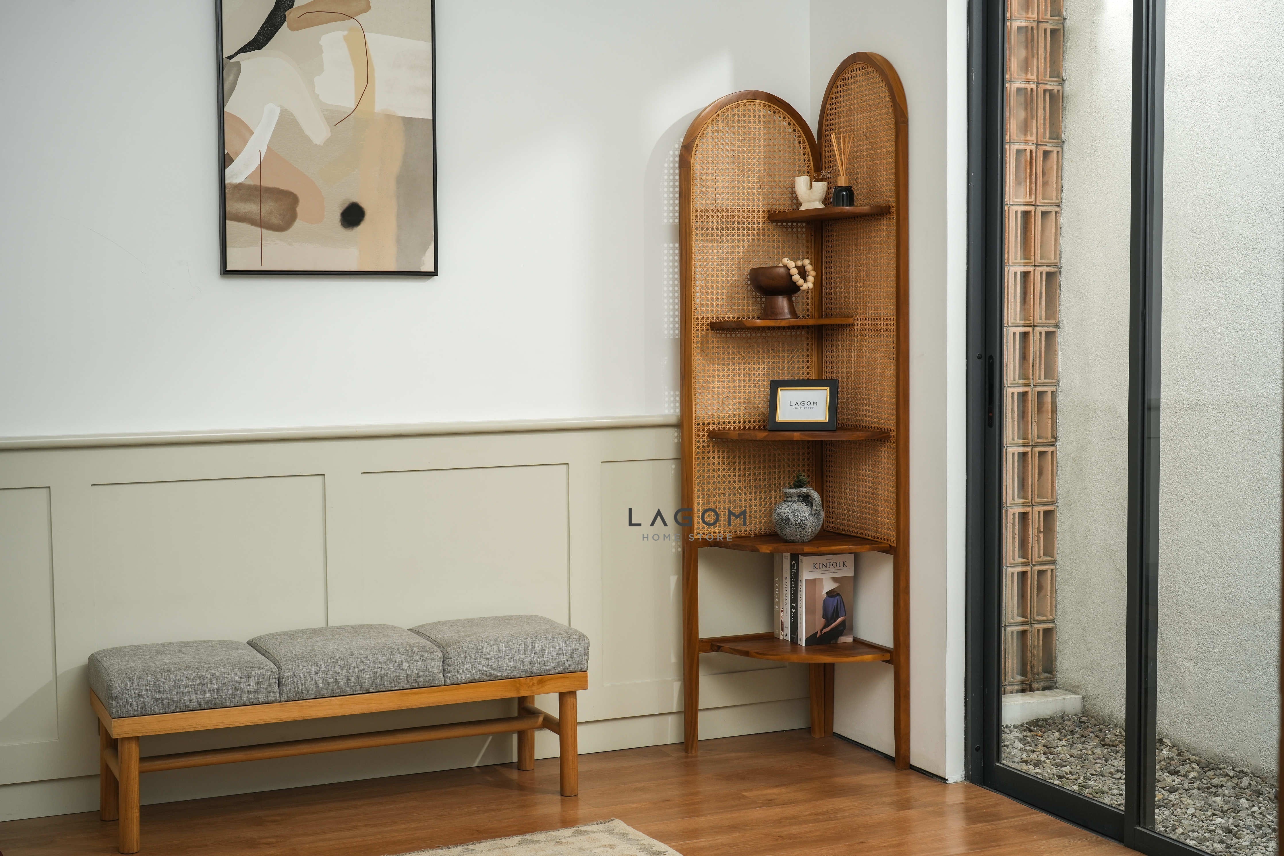 Rak Sudut Estetik dari Kayu Jati dan Rotan Bookshelf Lagom Home Store Jati Furnitur Teak Furniture Jakarta