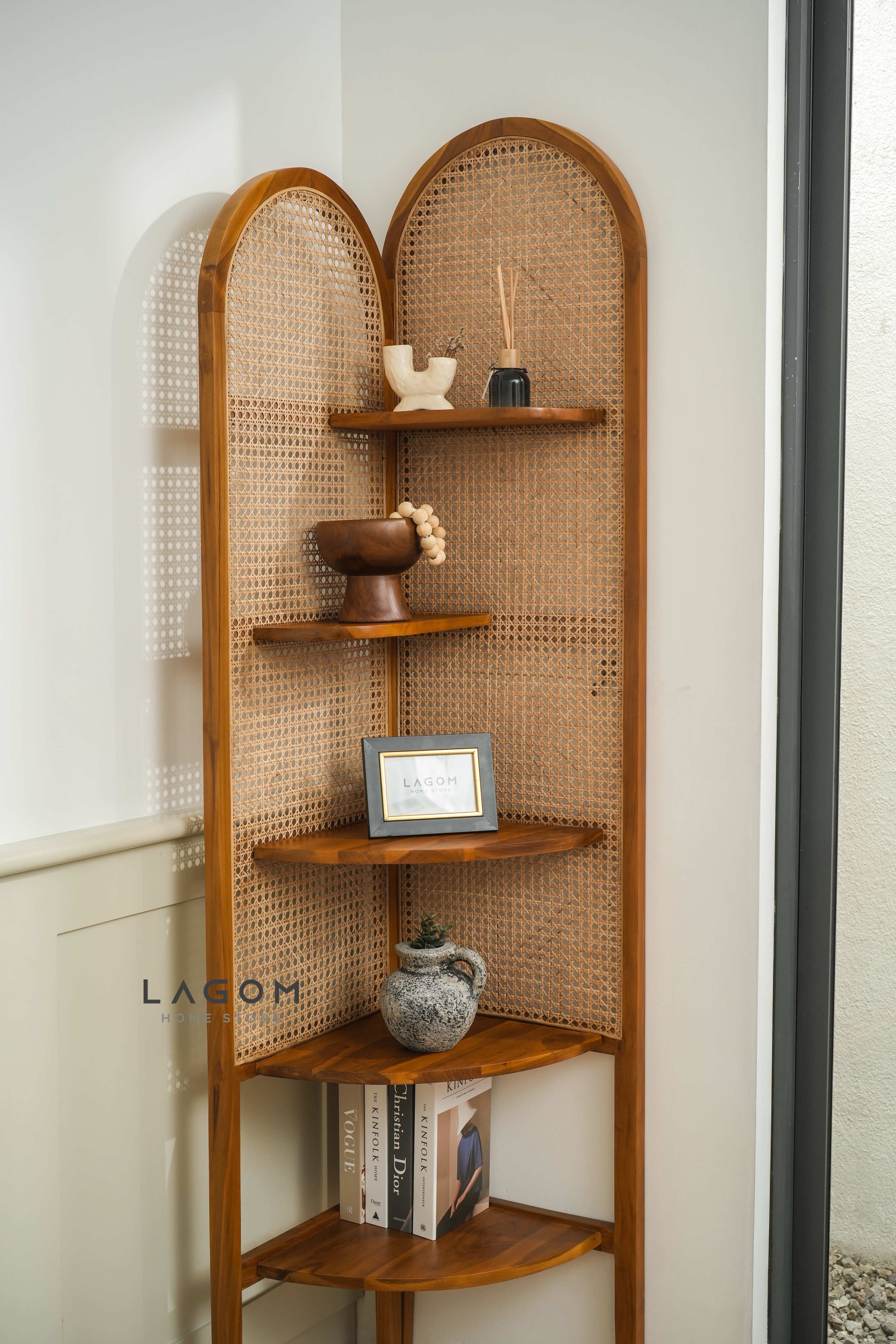 Rak Sudut Estetik dari Kayu Jati dan Rotan Bookshelf Lagom Home Store Jati Furnitur Teak Furniture Jakarta