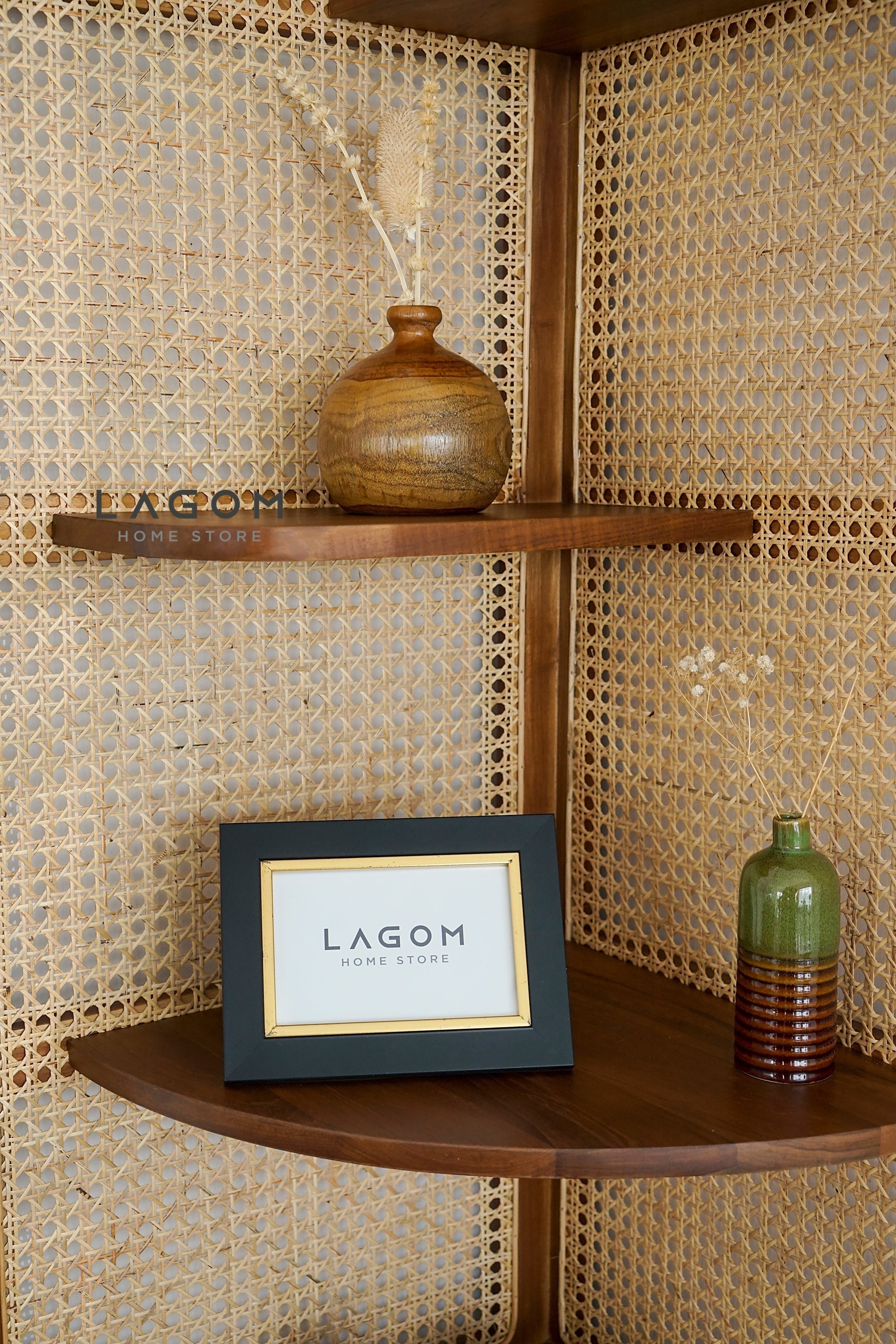 Rak Sudut Estetik dari Kayu Jati dan Rotan Bookshelf Lagom Home Store Jati Furnitur Teak Furniture Jakarta