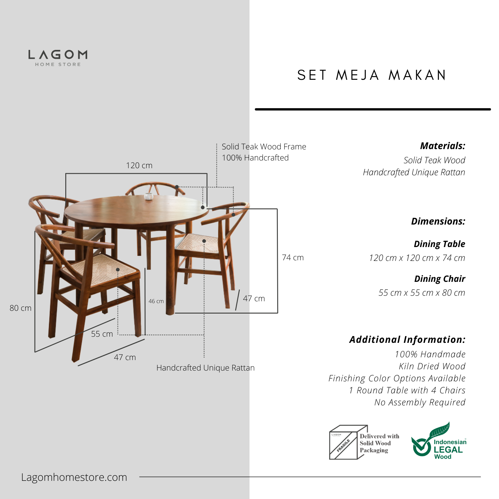 Round Teak Wood Dining Set with 4 Unique Rattan Chairs Dining Set Lagom Home Store Jati Furnitur Teak Furniture Jakarta