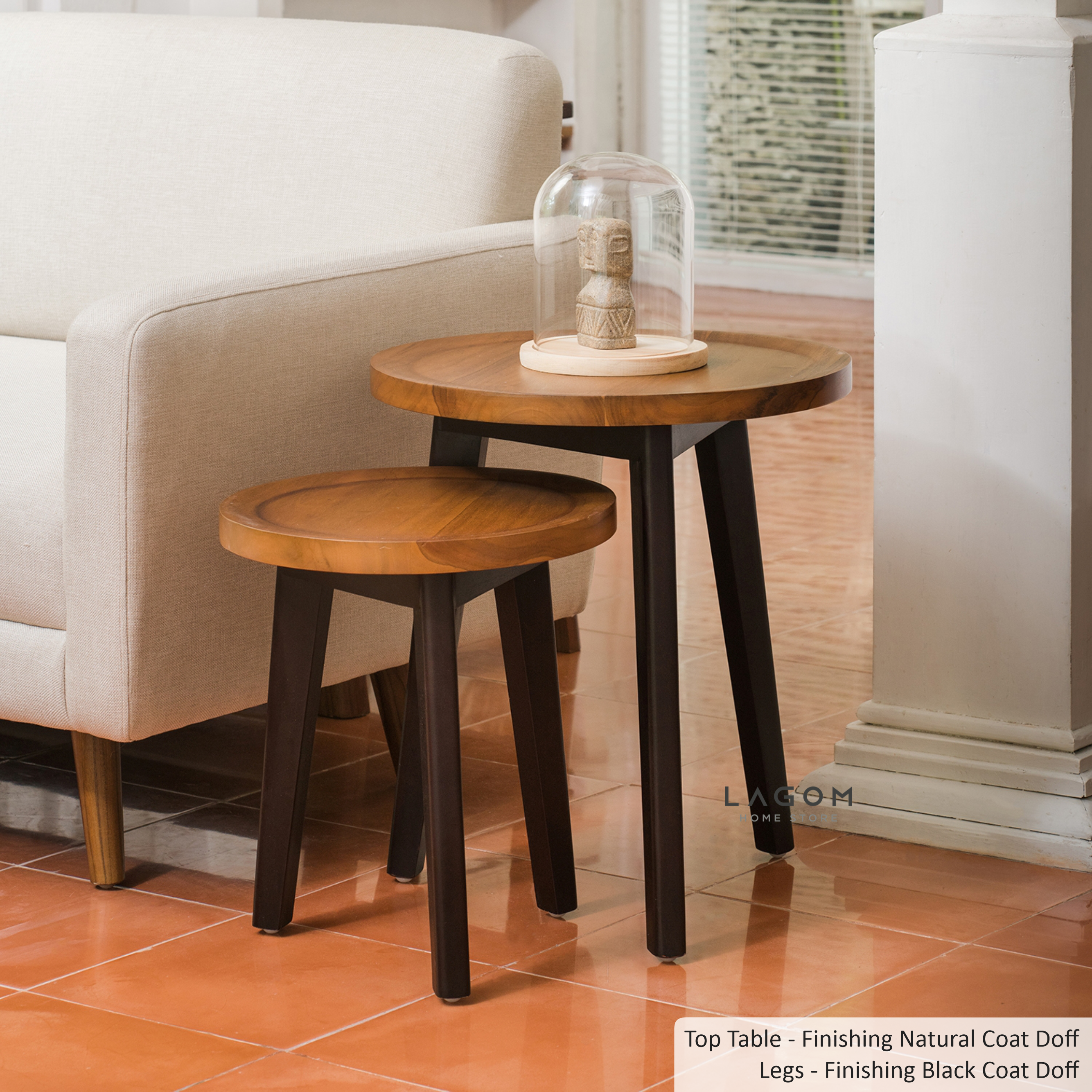 Set Meja Kopi bentuk Bundar dari Kayu Jati Solid Coffee Table Lagom Home Store Jati Furnitur Teak Furniture Jakarta