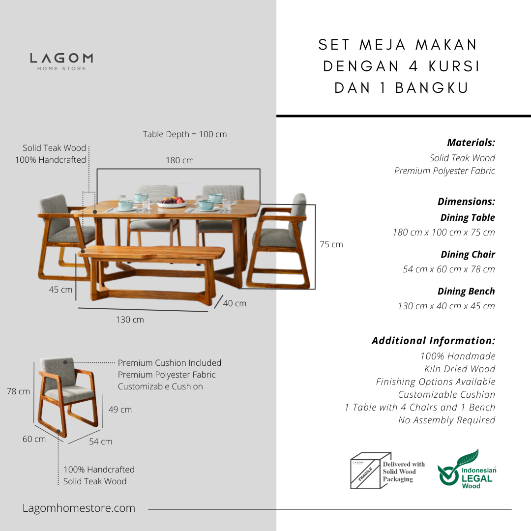 Set Meja Makan Unik Kayu Jati dengan 4 Kursi dan 1 Bangku Dining Set Lagom Home Store Jati Furnitur Teak Furniture Jakarta