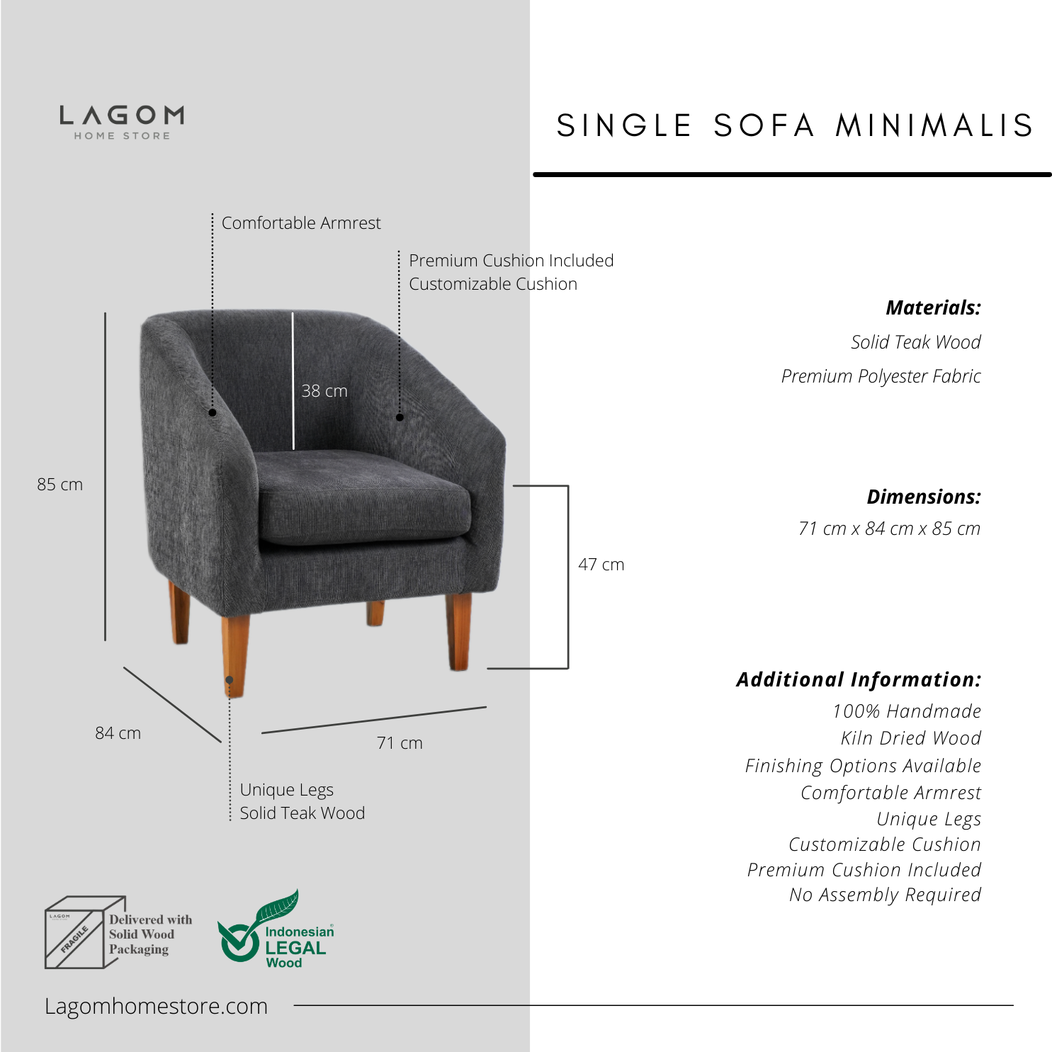 Single Sofa Premium dengan Frame Kayu Jati Sofa Lagom Home Store Jati Furnitur Teak Furniture Jakarta
