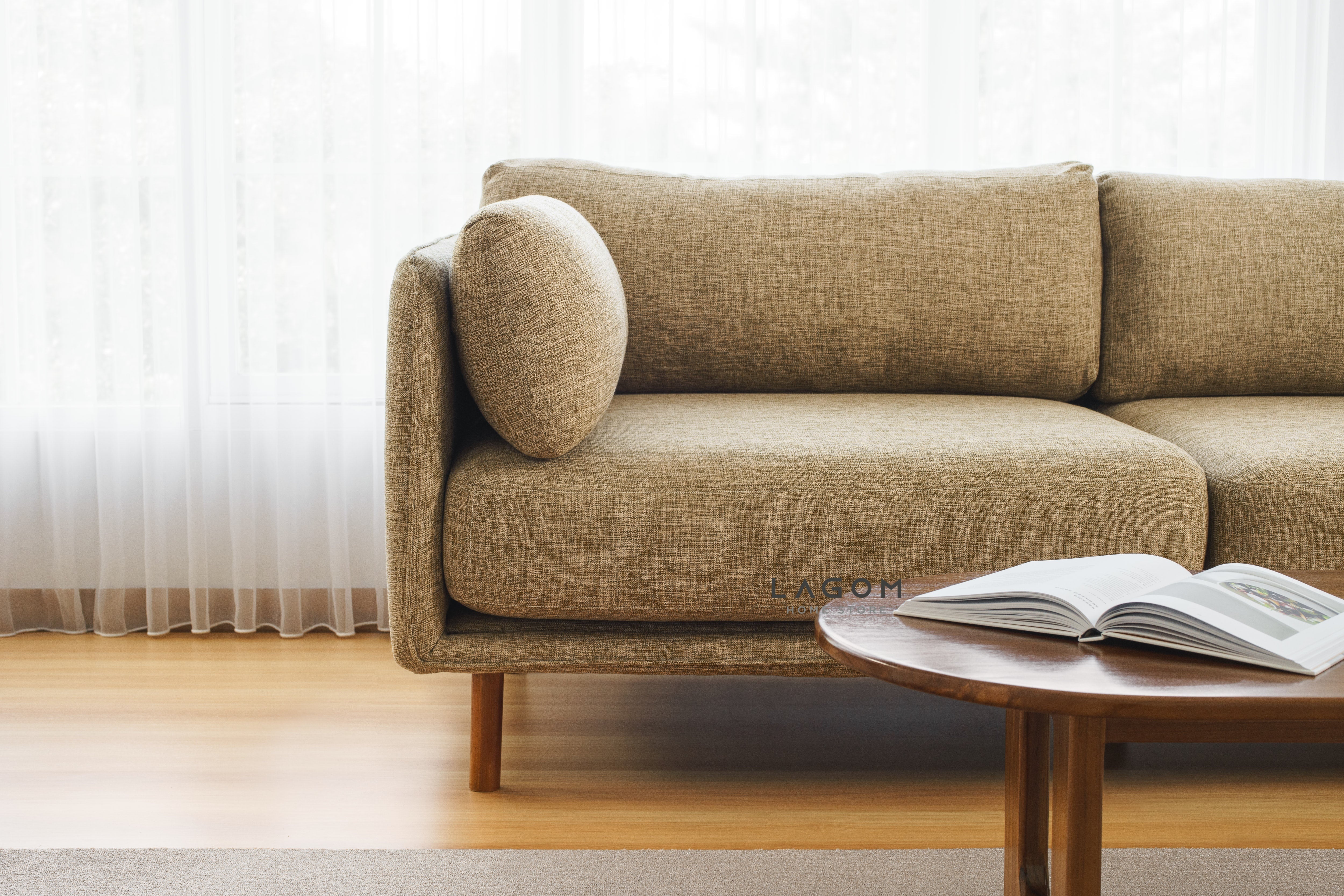 Sofa Minimalis dari Kayu Jati dan Polyester Fabric Sofa Lagom Home Store Jati Furnitur Teak Furniture Jakarta