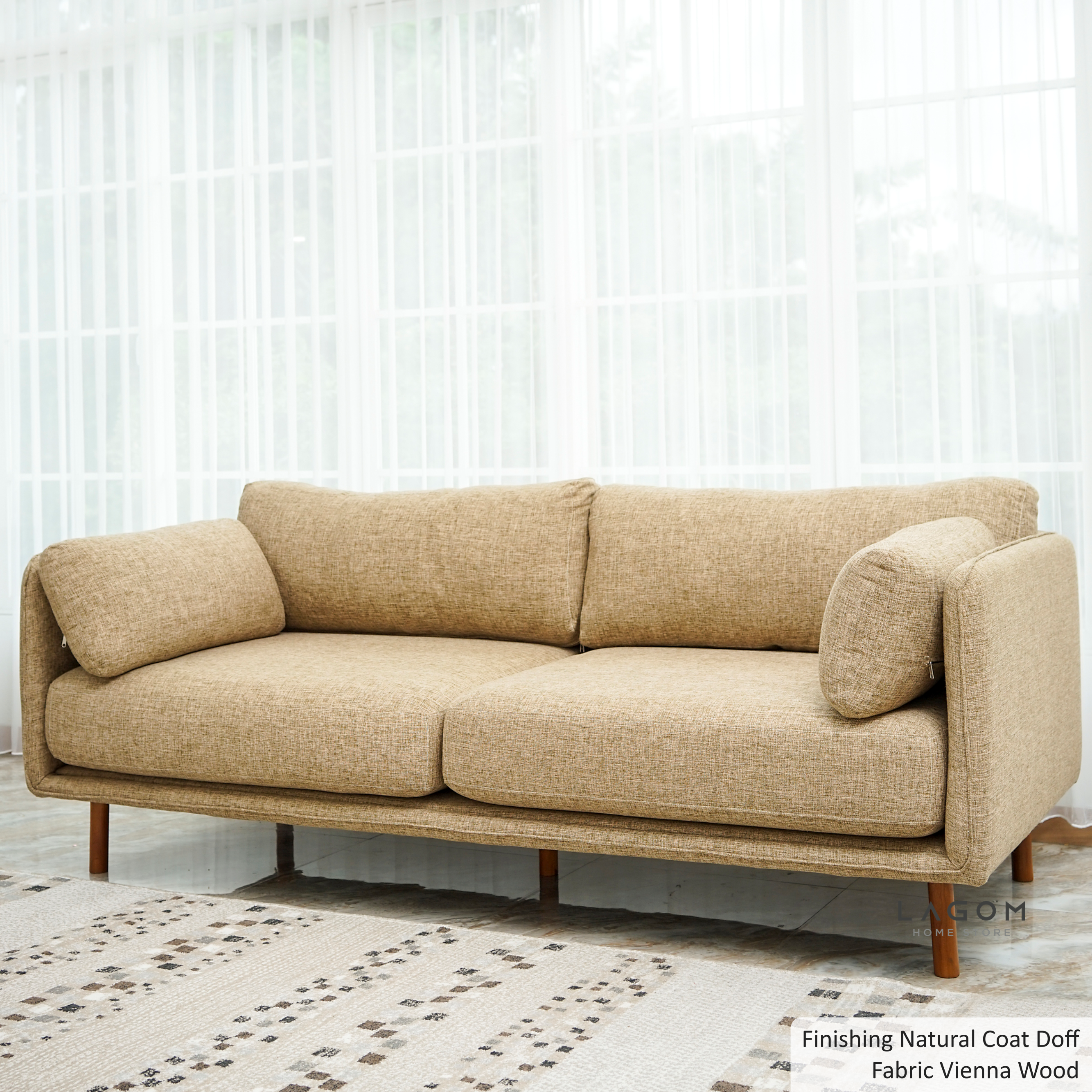 Sofa Minimalis dengan Frame Kayu Jati dan Premium Fabric Sofa Lagom Home Store Jati Furnitur Teak Furniture Jakarta